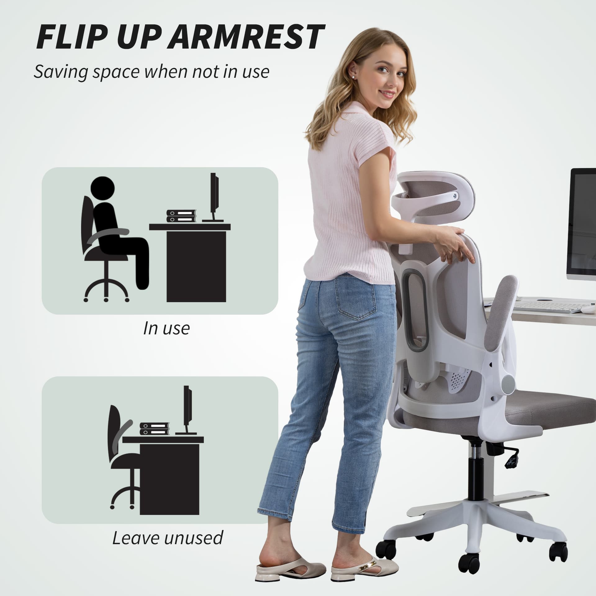 Ergonomic Office Chair, Swivel Desk Chair with Lumbar Support and Adjustable Height, Flip-up Armrests, Wheels, Black