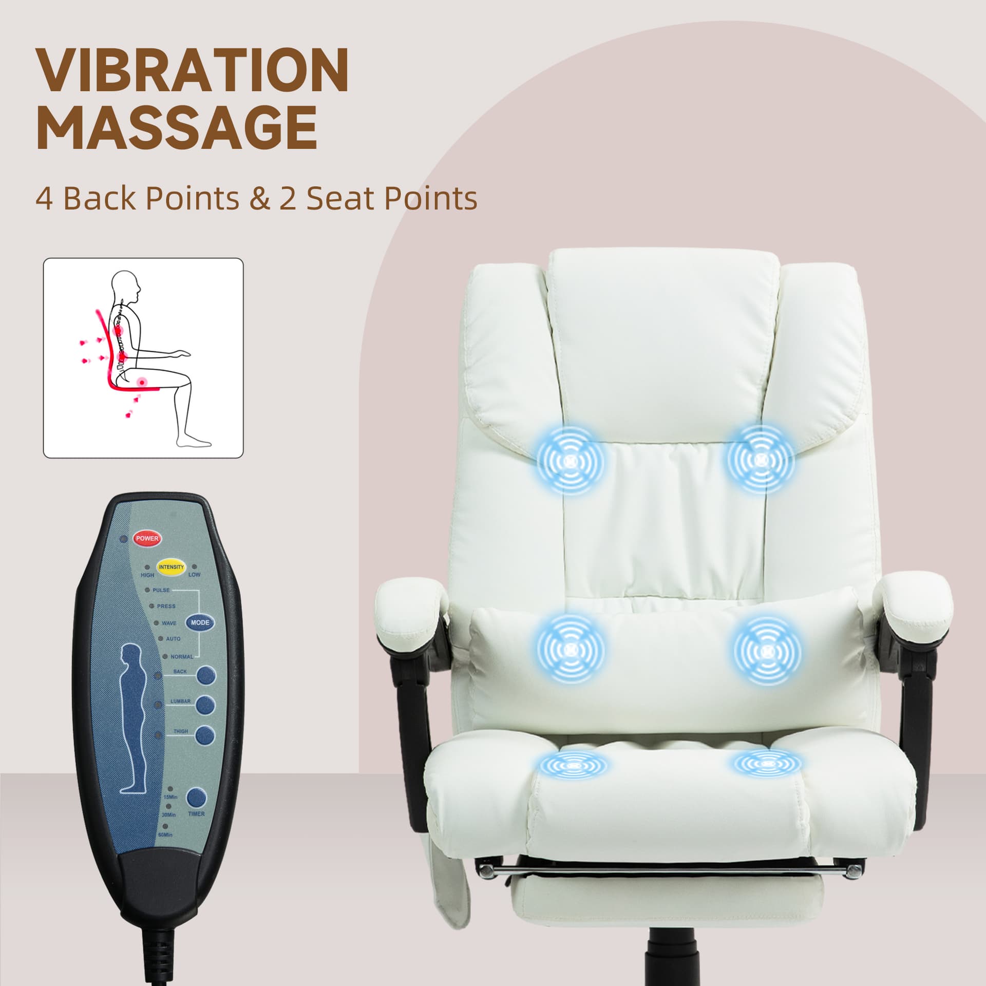 6-Point Vibration Massage Chair, Height Adjustable Reclining Computer Chair with Retractable Footrest, White