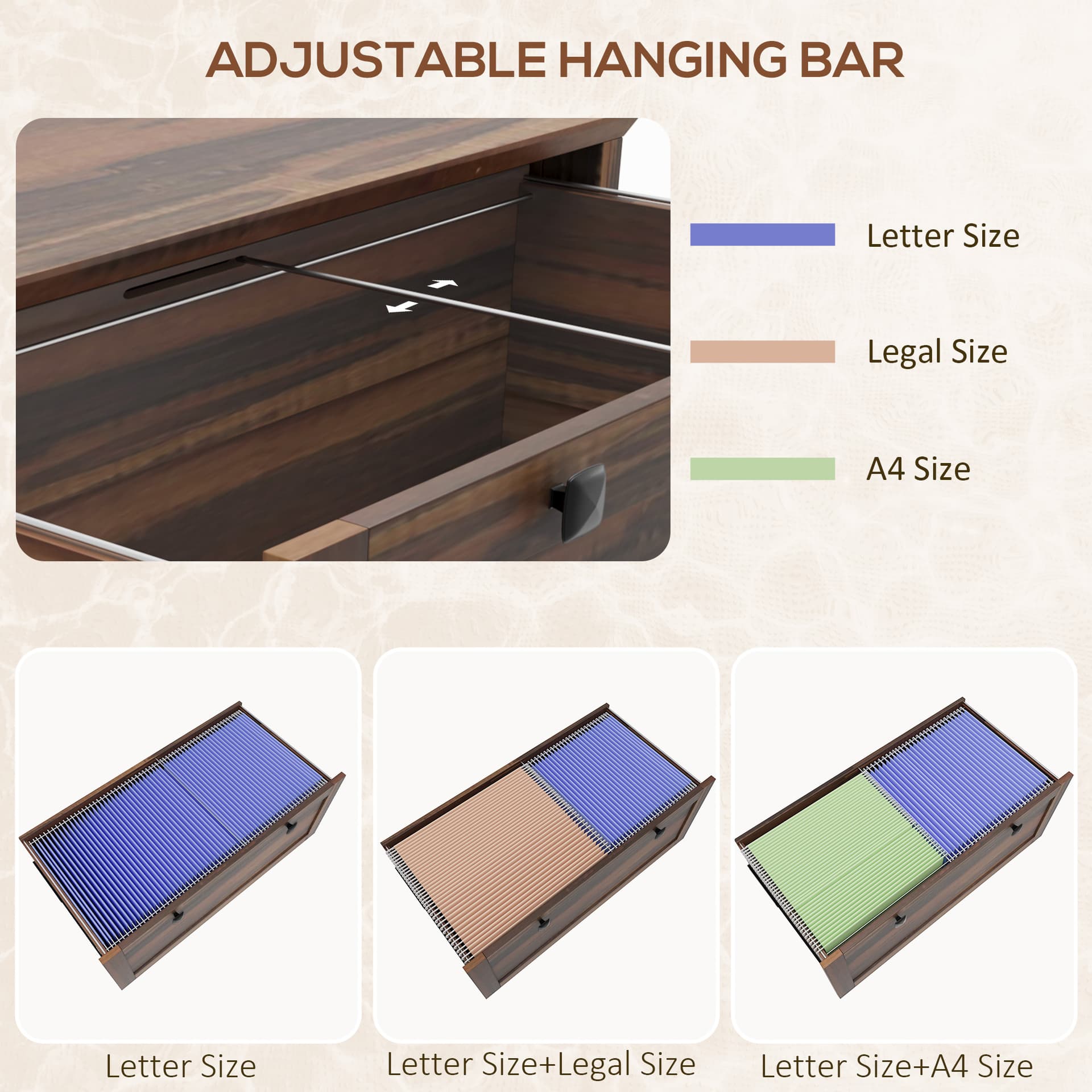 2 Drawer File Cabinet, Lockable Filing Cabinet with Adjustable Hanging Bar for Letter, A4 and Legal Size, Brown