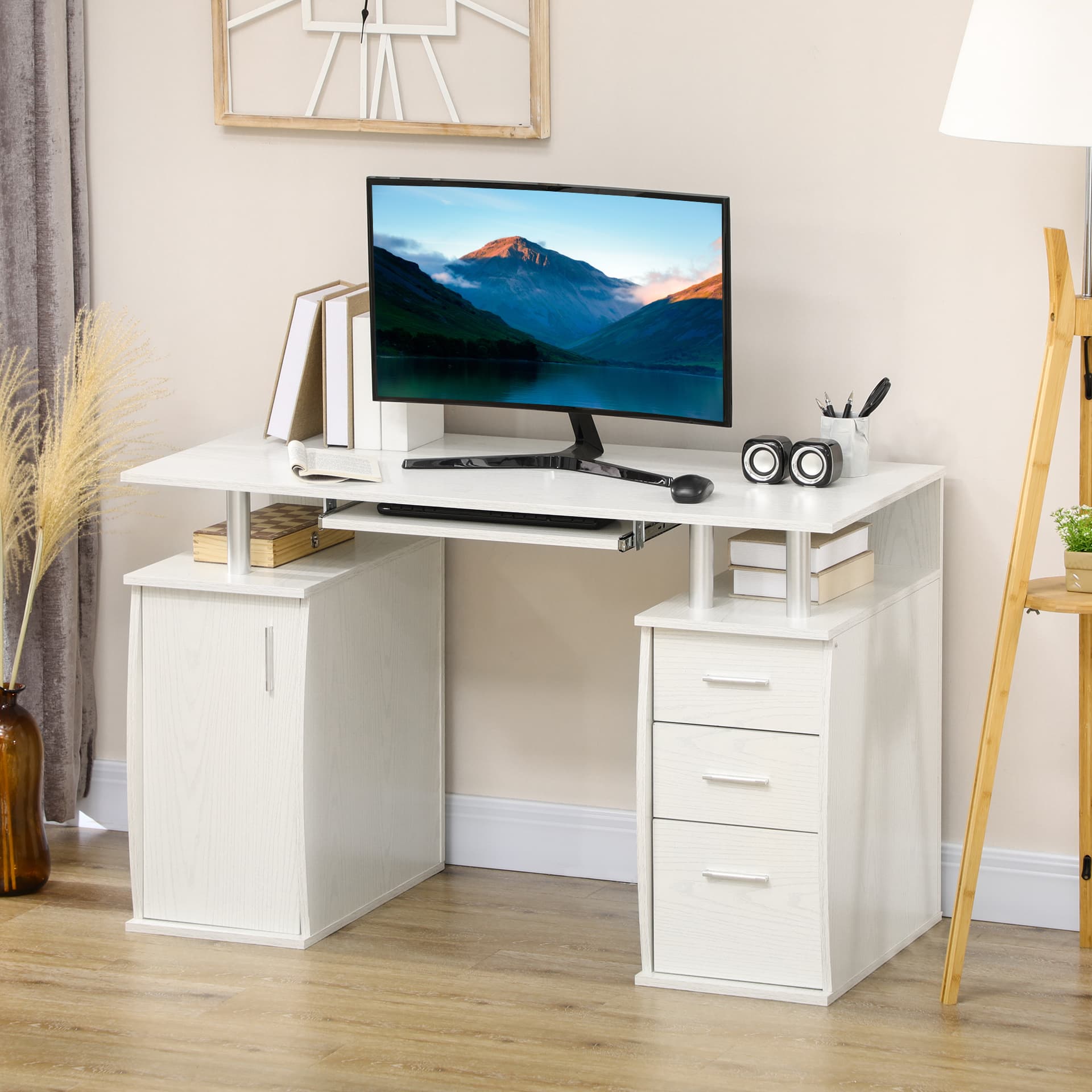 47" Computer Desk with Keyboard Tray and Storage Drawers, Home Office Workstation Table with Storage Shelves, White