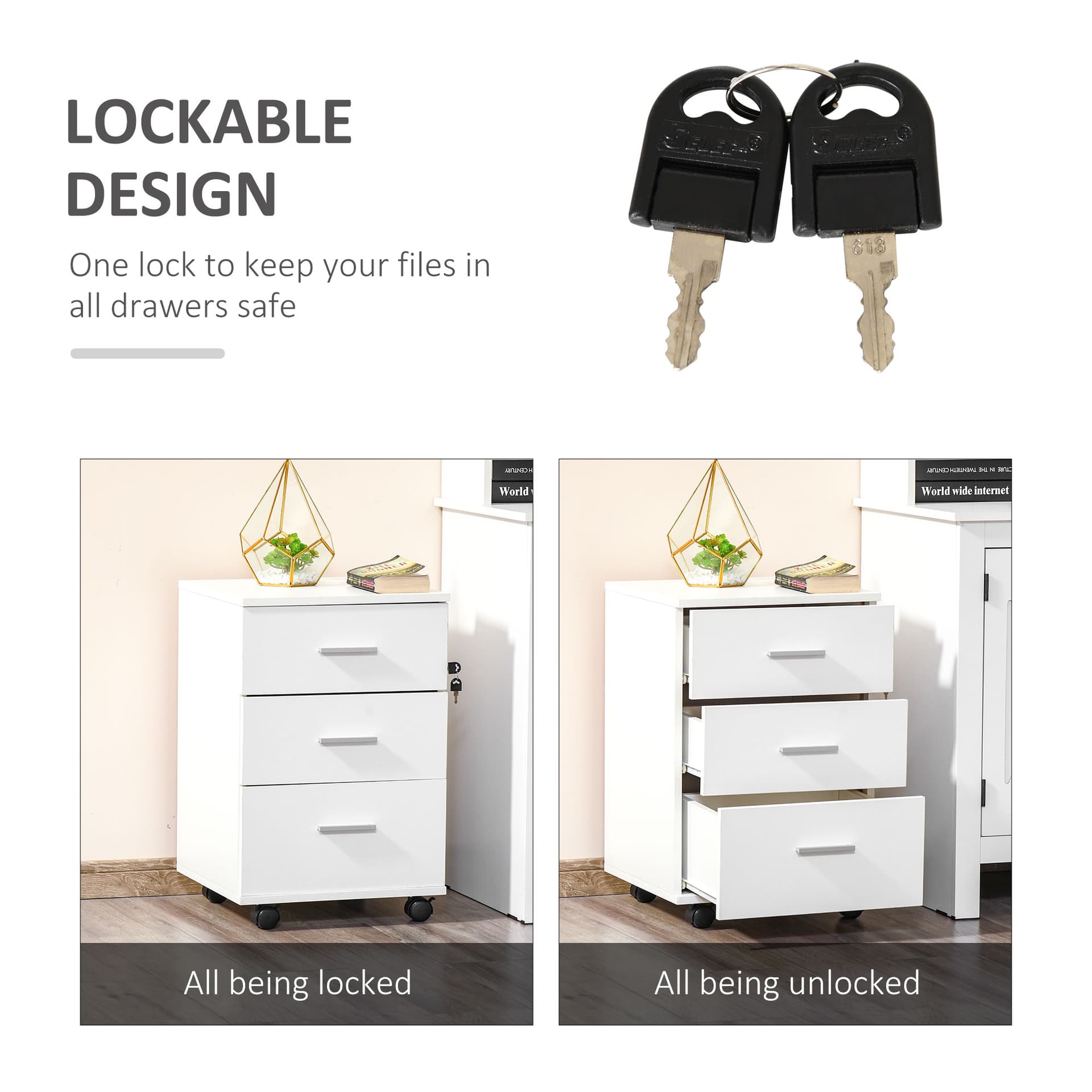 Mobile Filing Cabinet with Wheels, 3 Drawer File Cabinet with Lock and Keys for Home Office, White