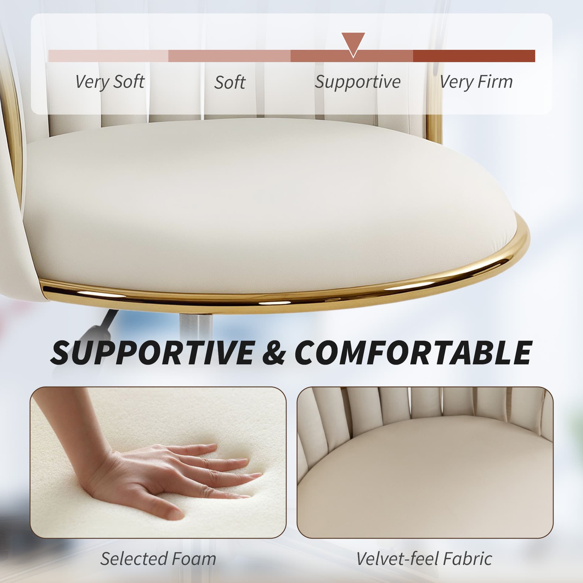 Office Chair, Vanity Chair with Woven Back, Adjustable Height, Rolling Wheels, Cream White