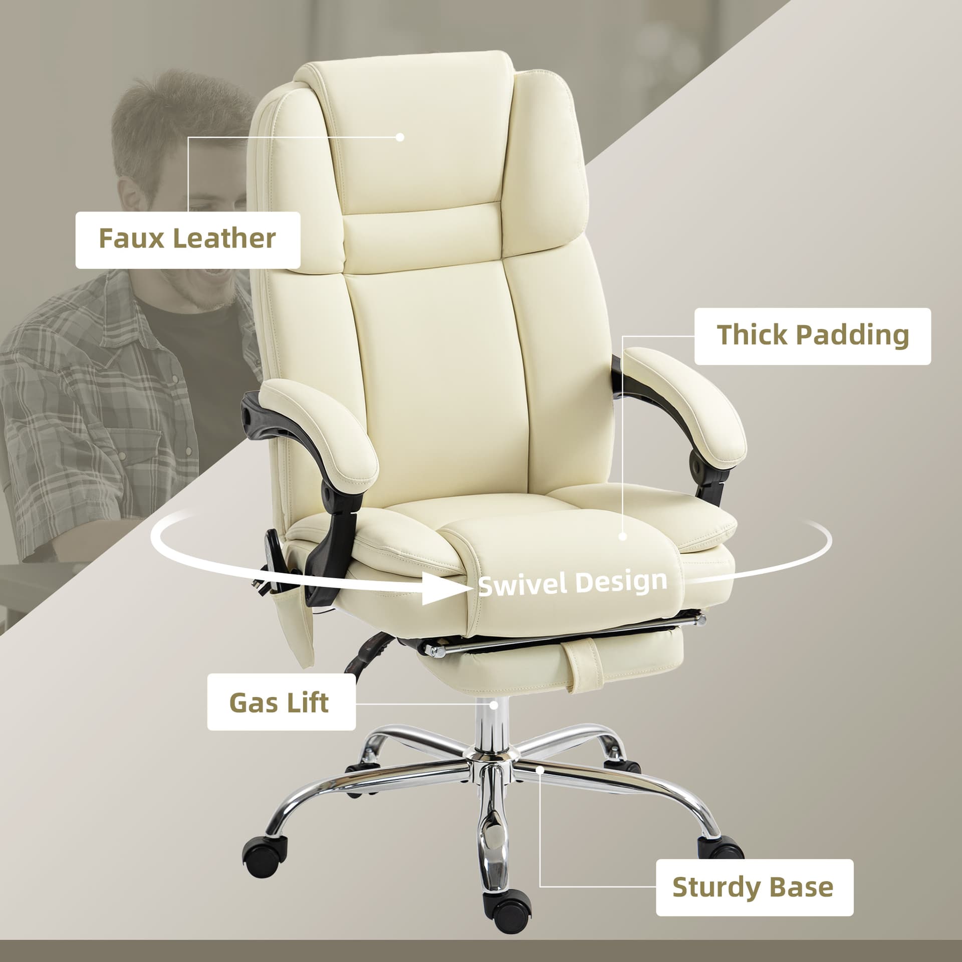 Massage Office Chair, Reclining Executive Office Chair with 6-Point Vibration, Footrest and High Back, White