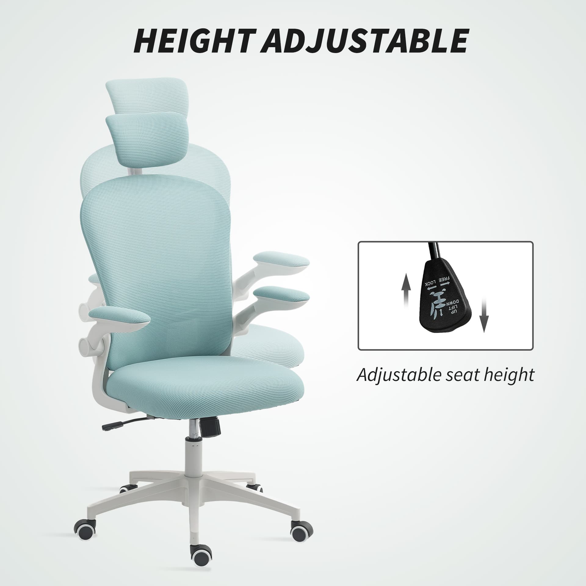 Office Chair, Mesh Computer Desk Chair with Adjustable Headrest, 4D Lumbar Support, Flip-up Arm, Light Green