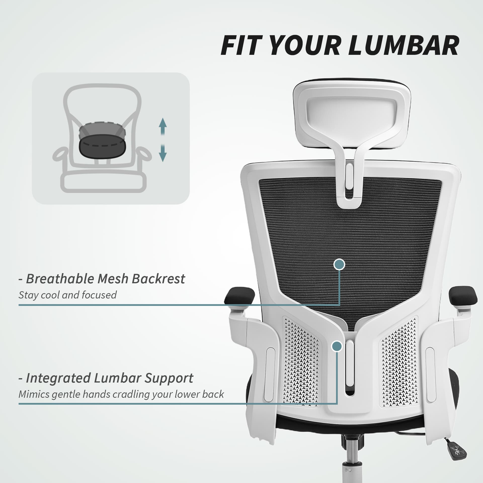 Ergonomic Office Chair, Swivel Desk Chair with Adjustable Lumbar Support, Headrest and Height, Flip-up Armrests, Black