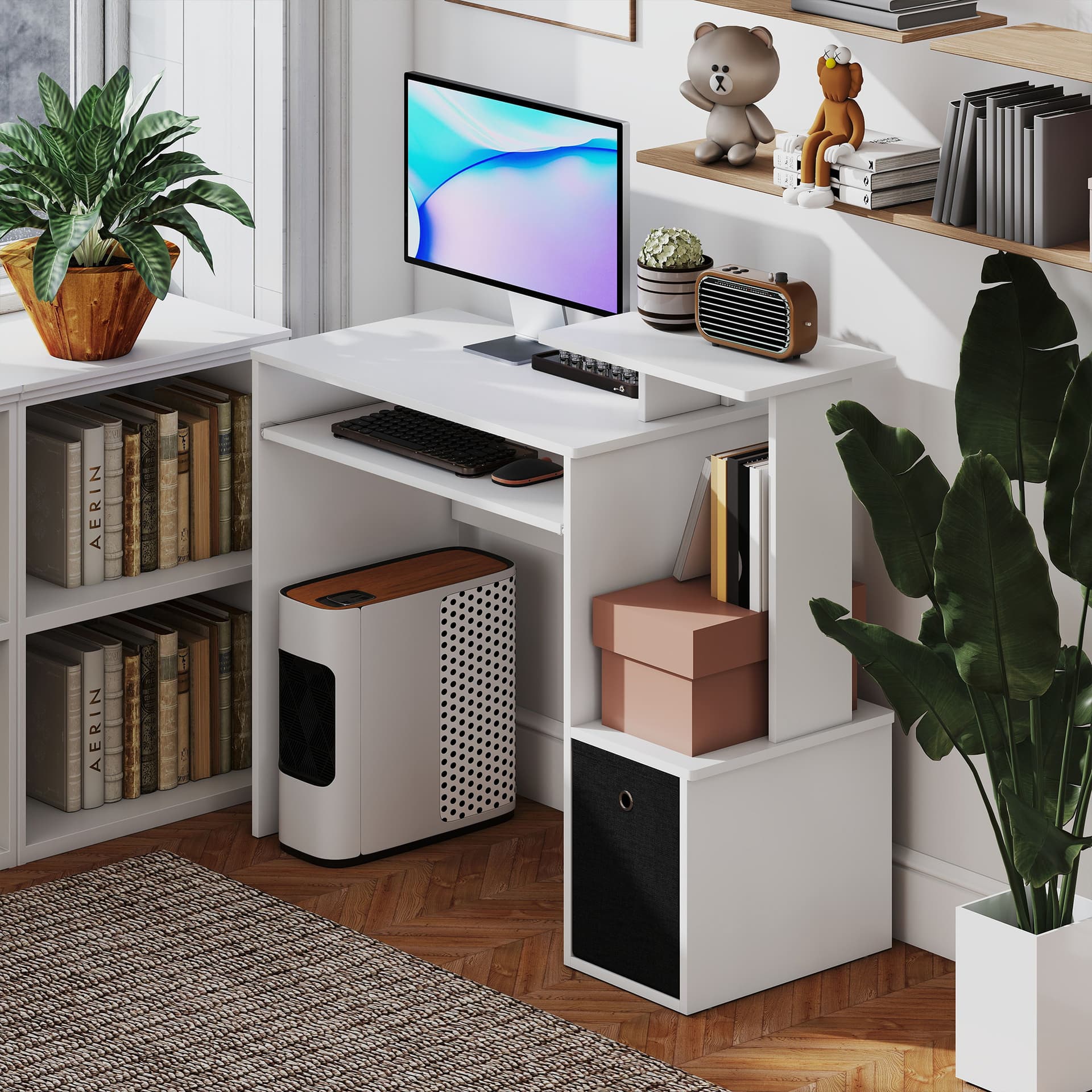 Computer Desk with Sliding Keyboard Tray Storage Drawer Shelf Home Office Workstation White