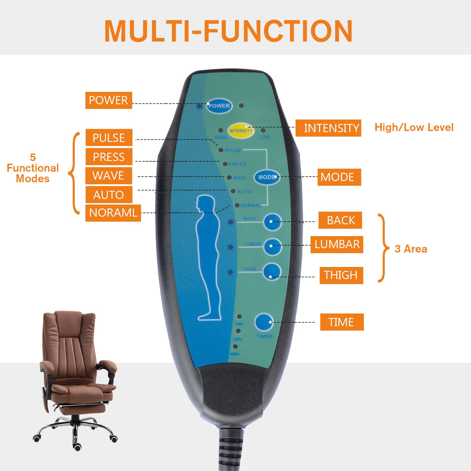Office Chair 6-point Vibration Massage Chair Micro Fiber Recliner with Retractable Footrest Brown