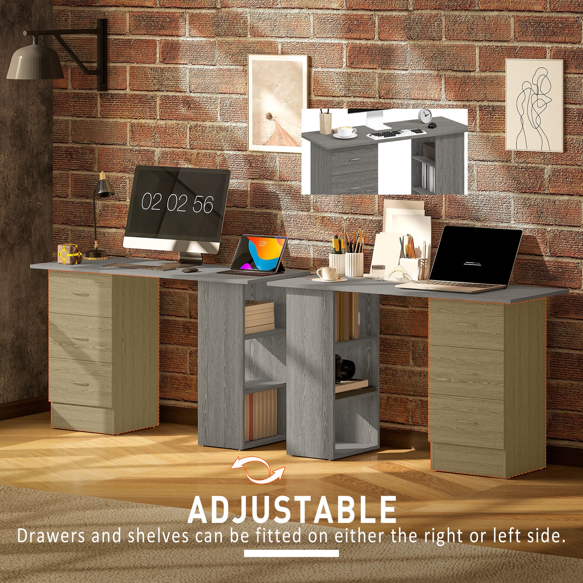Computer Desk, 47" Writing Table with 3-Tier Shelves and 3 Reversible Drawers for Home Office, Bedroom, Grey