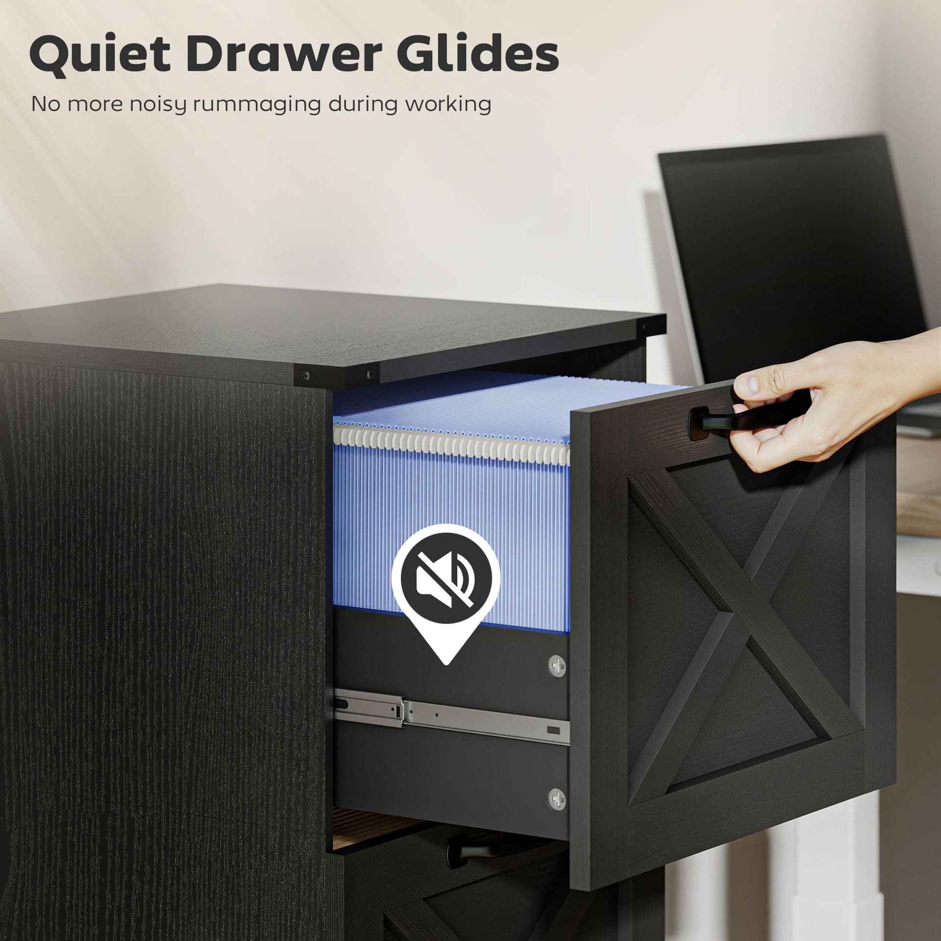 2 Drawer File Cabinet with Silent Slides, Vertical Farmhouse Filing Cabinet Fits Letter/A4 Size Home Office, Black