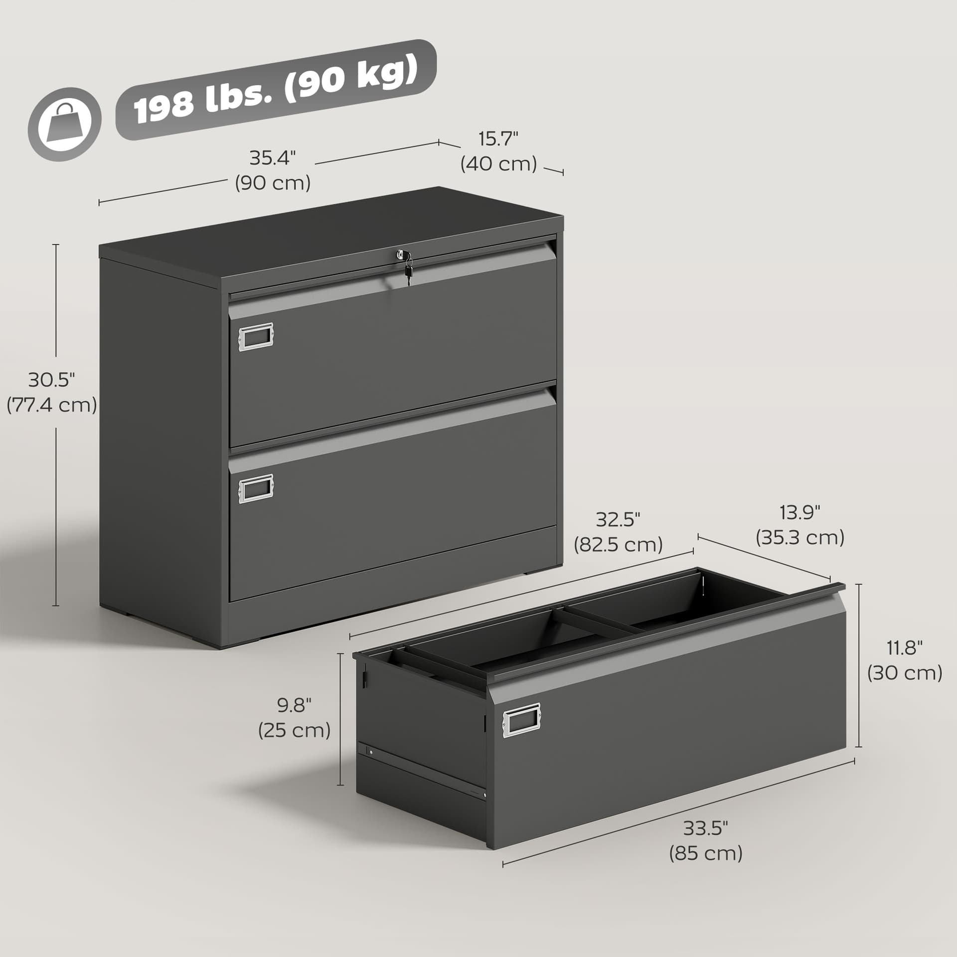 Lateral Filing Cabinet with 2 Drawers, Lockable Steel File Cabinet for A4/Letter/Legal Size Files, Black - Office Cabinets & Cupboards - Office Furniture