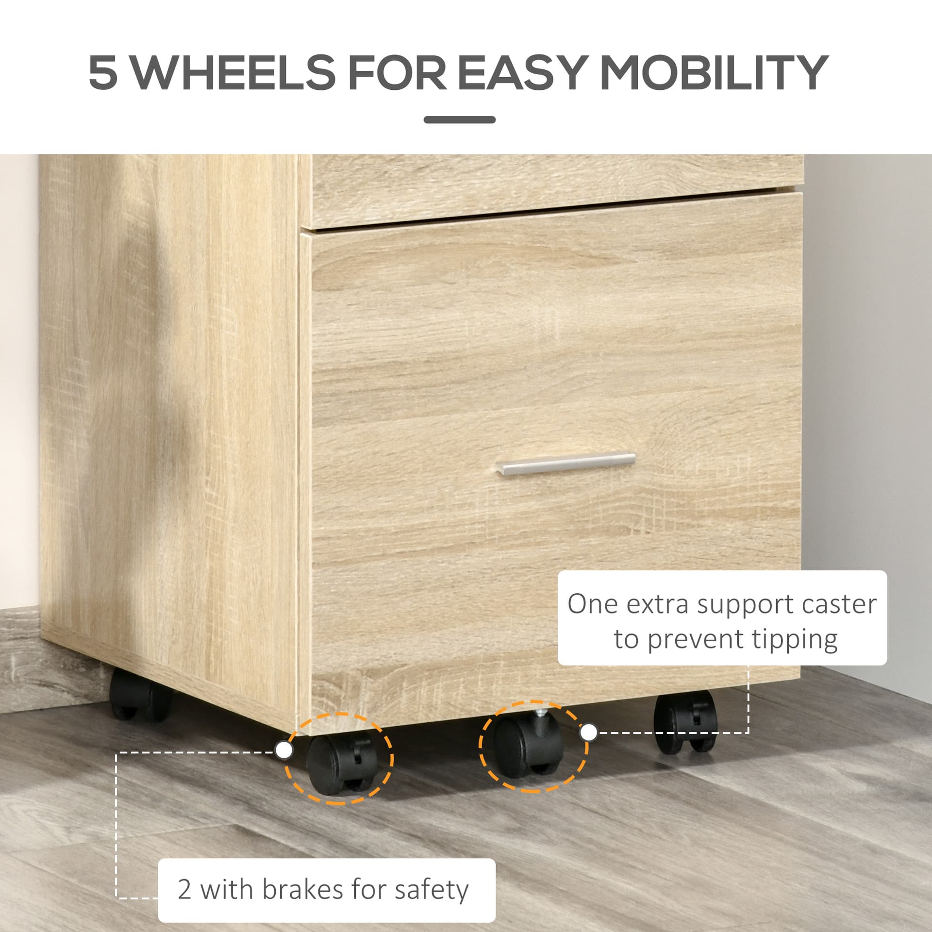 Mobile Filing Cabinet, Vertical File Cabinet with 2 Drawers, Wheels, for Letter or A4 File, Natural