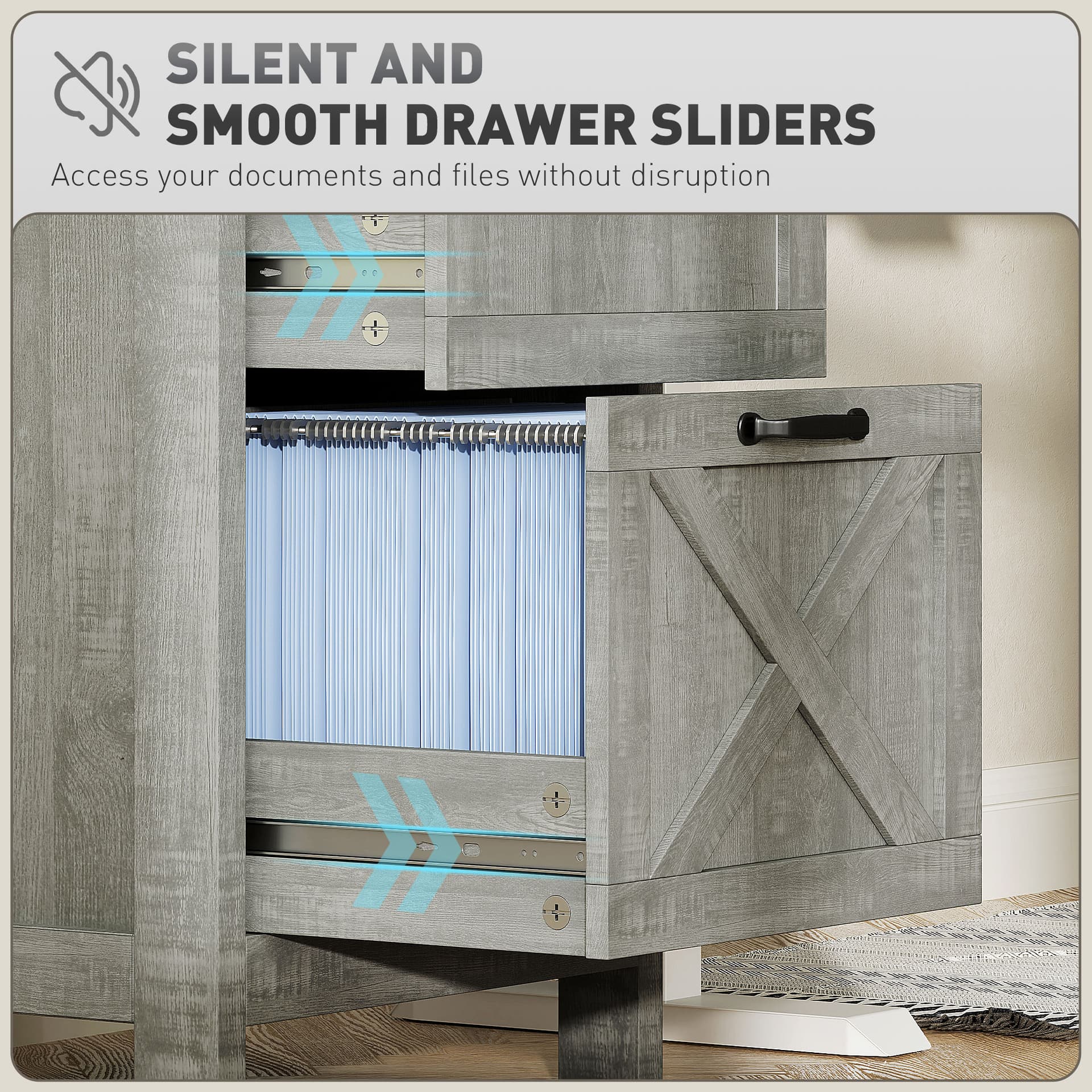 Vertical Filing Cabinet with 3 Drawers, Rustic Farmhouse Office Storage Cabinet for A4, Letter Size, Stone Grey