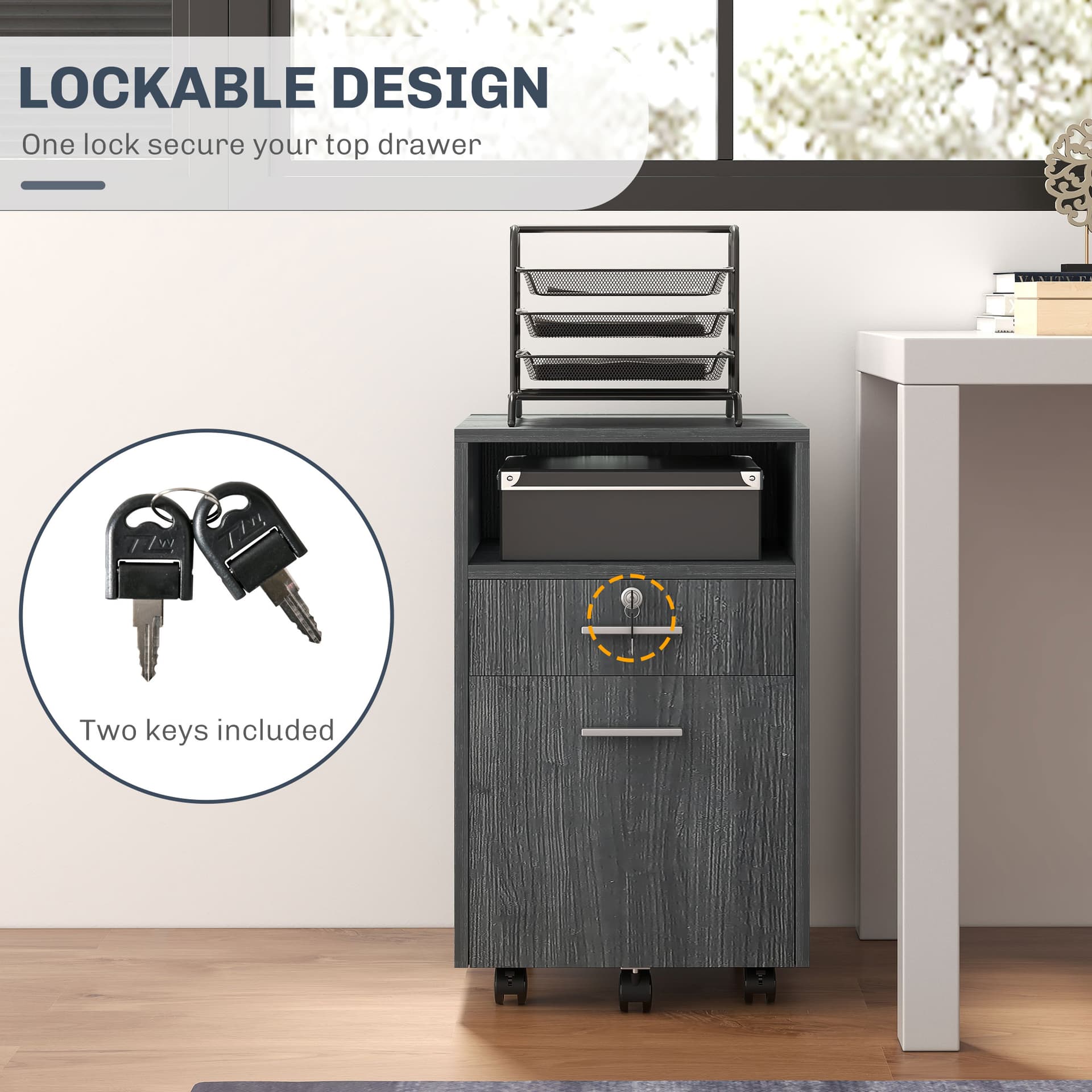 Small Filing Cabinet with 2 Drawers, Lockable Home Office Storage Cabinets on Wheels for A4, Letter Size, Grey