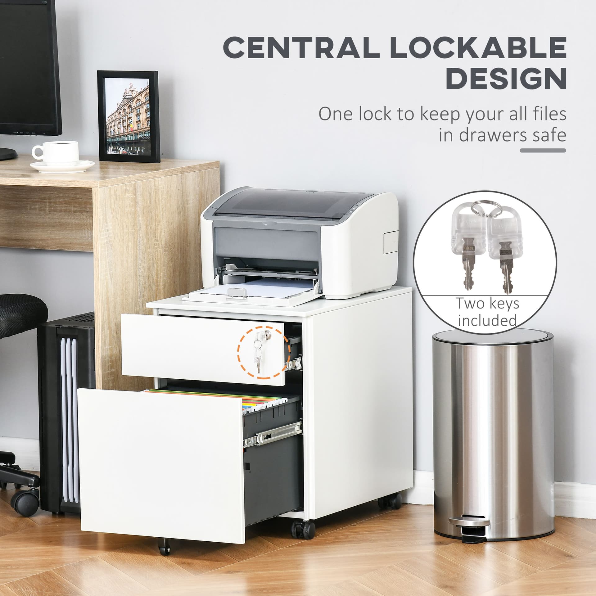 Lockable File Cabinet, Steel Filing Cabinet on Wheels for Legal, A4, Letter Size, with Pencil Tray for Home Office