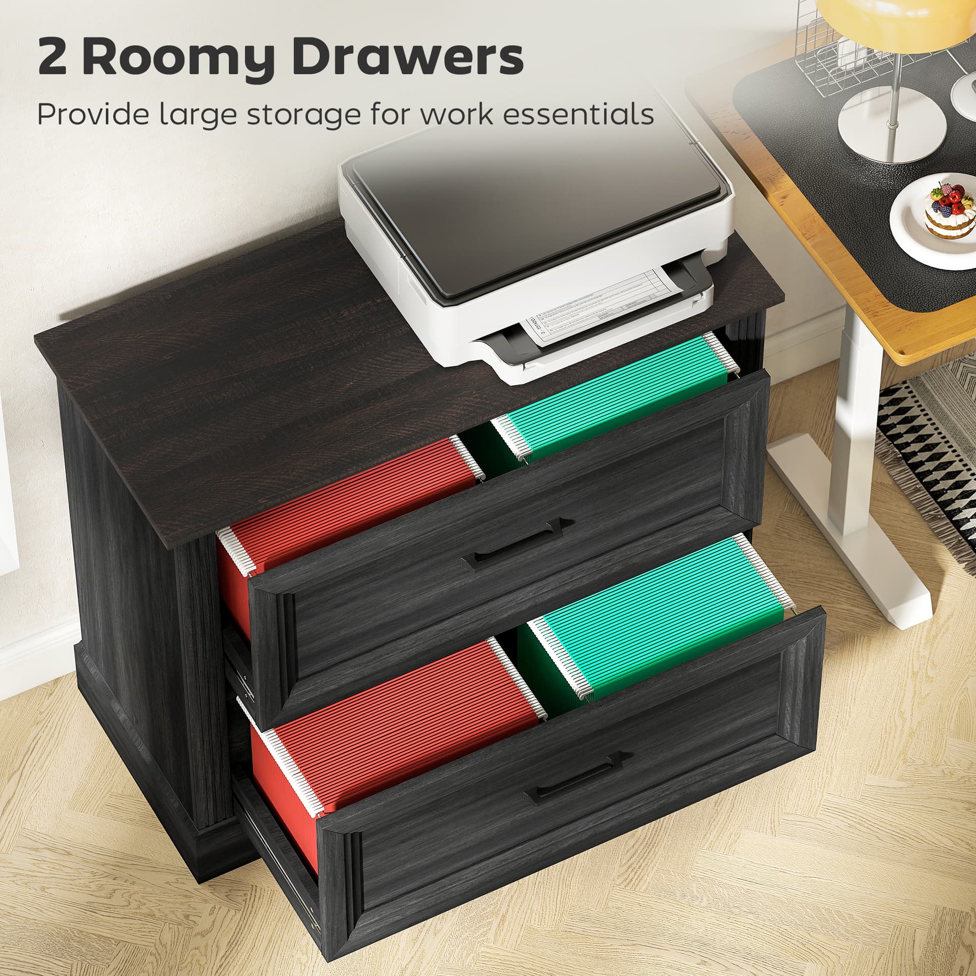 Lateral Filing Cabinet, Farmhouse File Cabinet with 2 Silent Drawers for Letter/A4/Legal Size Files, Black
