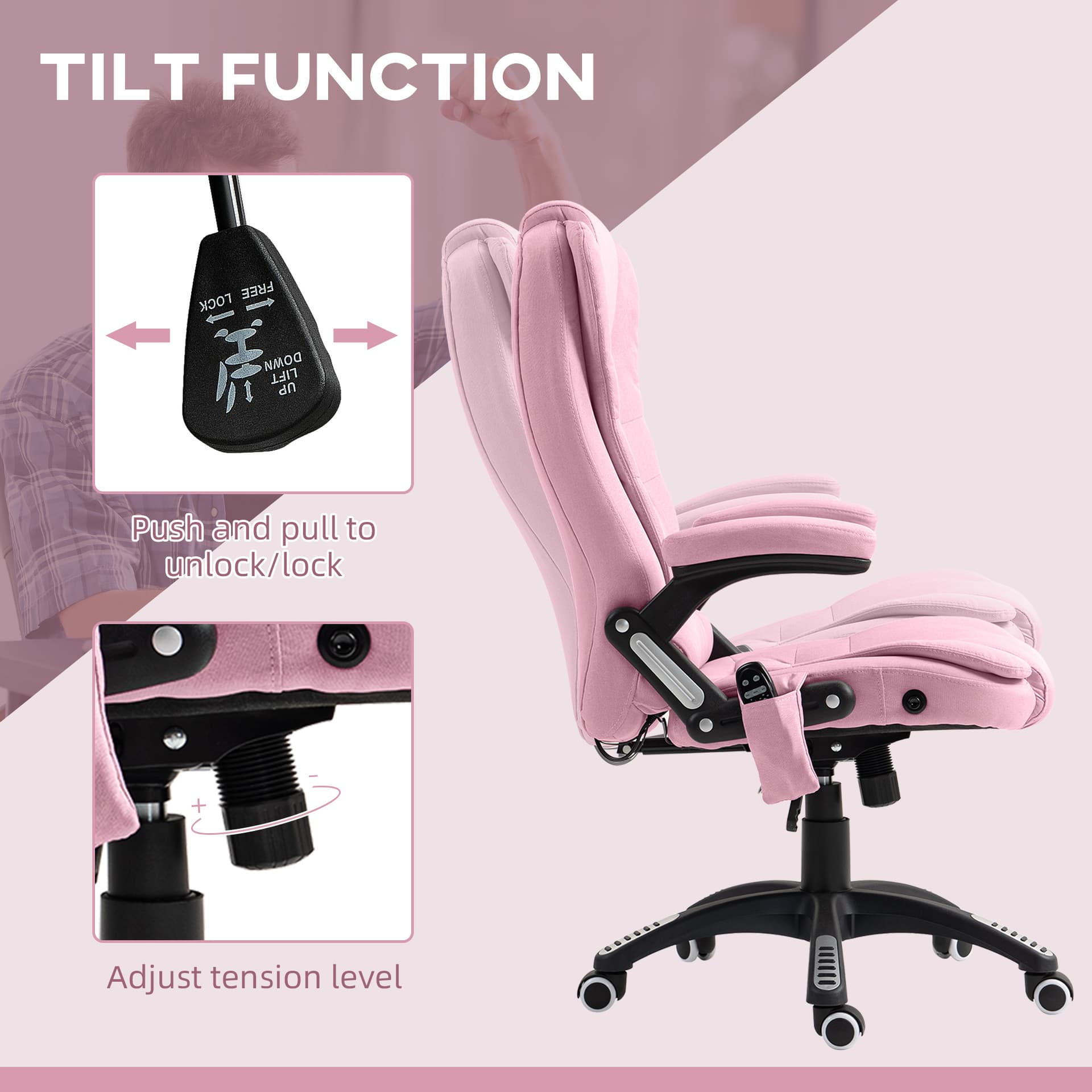 6 Point Vibrating Massage Home Office Chair High Back Executive Chair with Reclining Back, Swivel Wheels, Pink