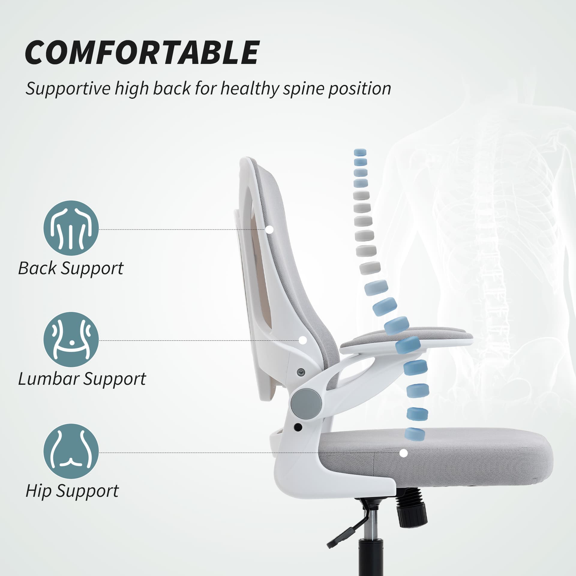 Ergonomic Office Chair, Swivel Desk Chair with Lumbar Support and Adjustable Height, Flip-up Armrests, Wheels, Black
