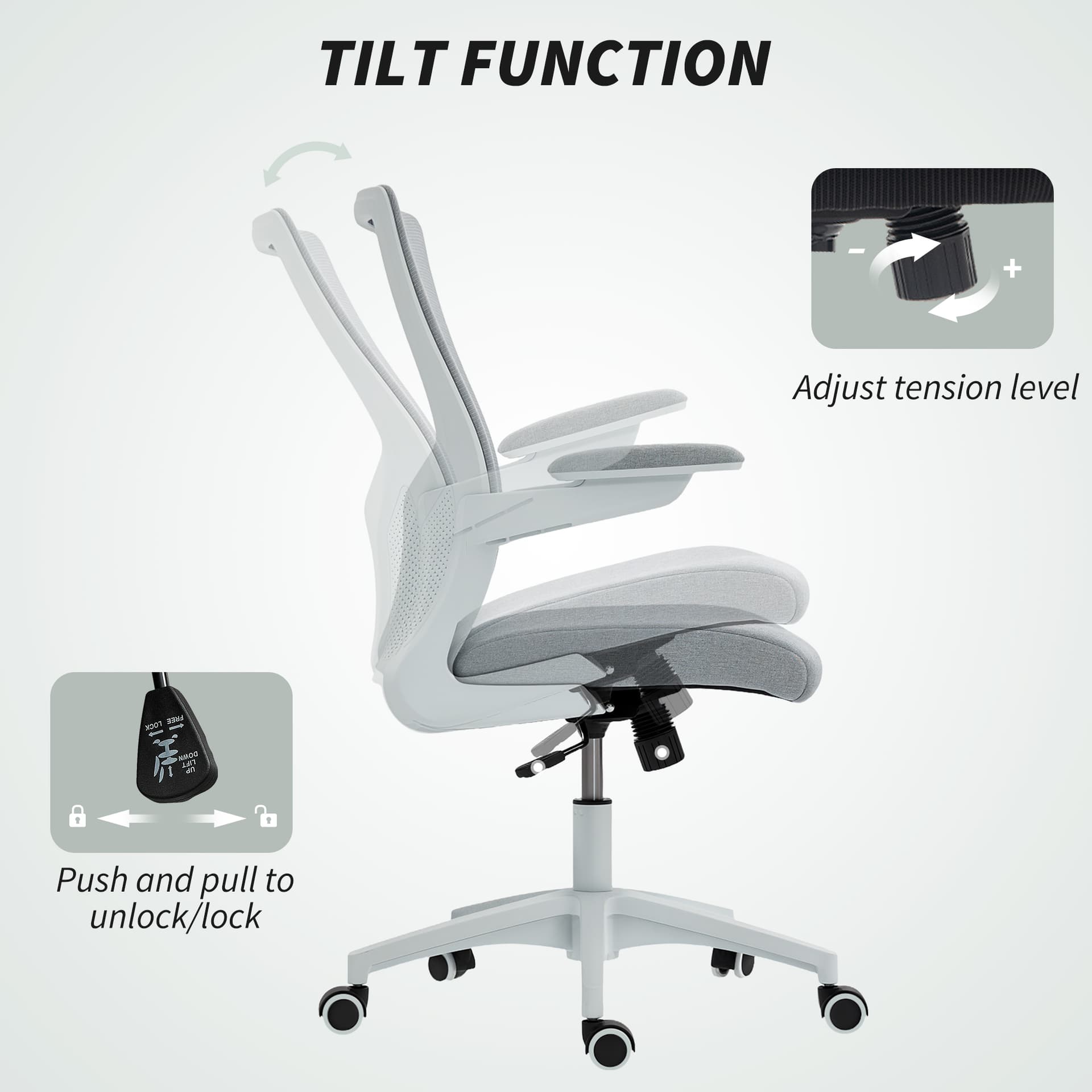 Ergonomic Office Chair, Swivel Desk Chair with Adjustable Lumbar Support and Height, Flip-up Armrests, Wheels, Grey