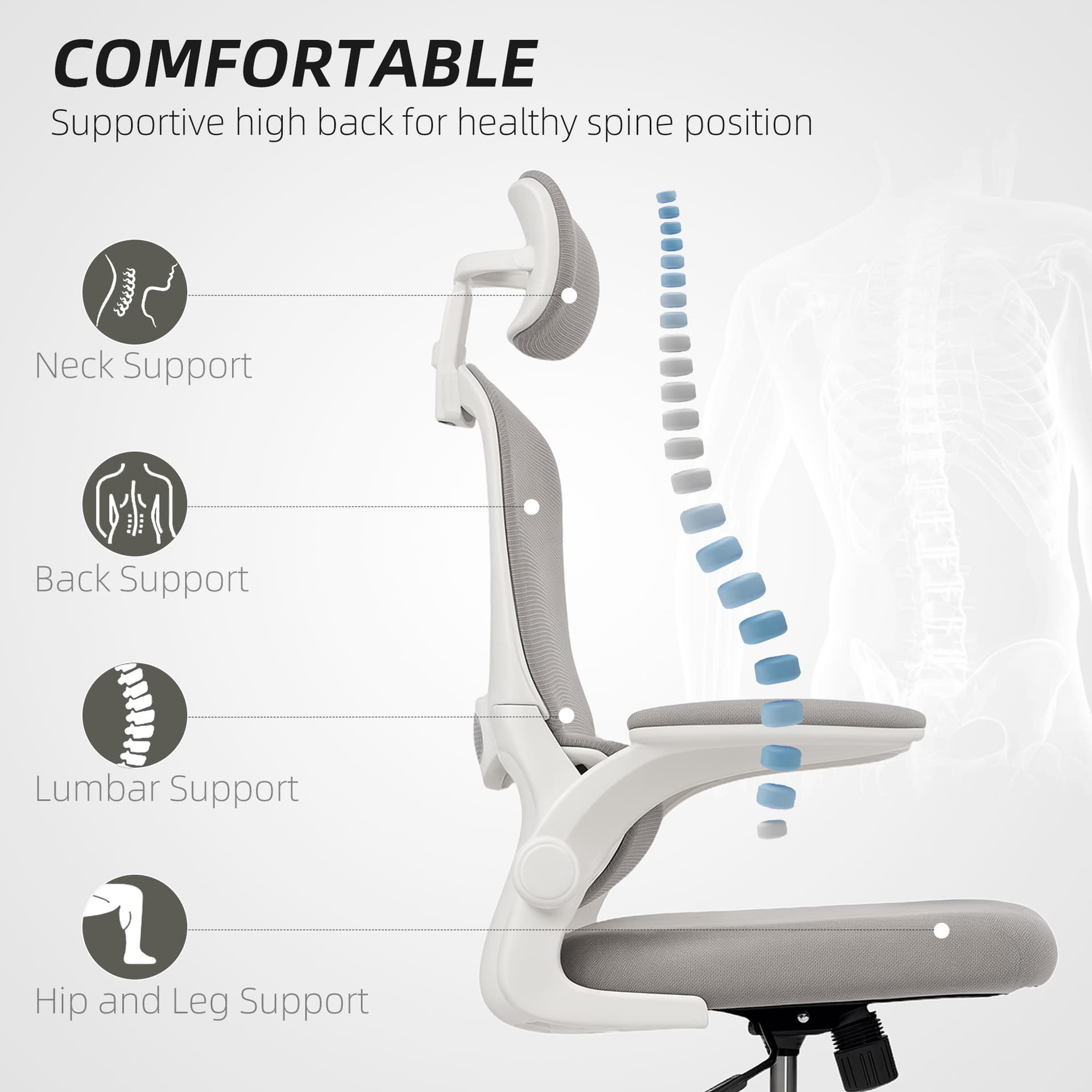 Ergonomic Mesh Office Chair, High Back Desk Chair with Rotatable Headrest, Flip-Up Armrests, Lumbar Support, Grey