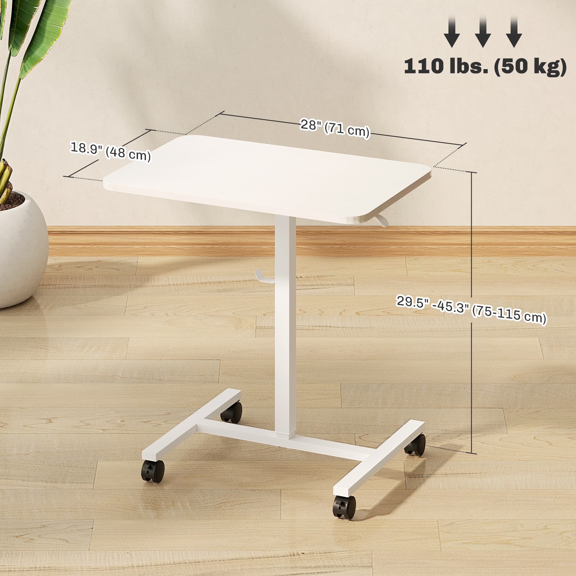 Height Adjustable Standing Desk, Pneumatic Sit Stand Desk with Wheels and Headphone Hook, White Wood Grain - Office Desks & Work Stations - Office Furniture