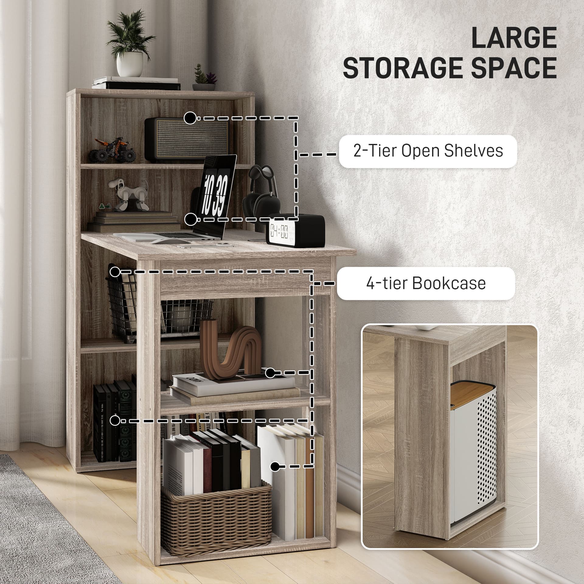 Computer Desk with Storage, PC Table with Bookshelf for Home Office, Study Room, Oak
