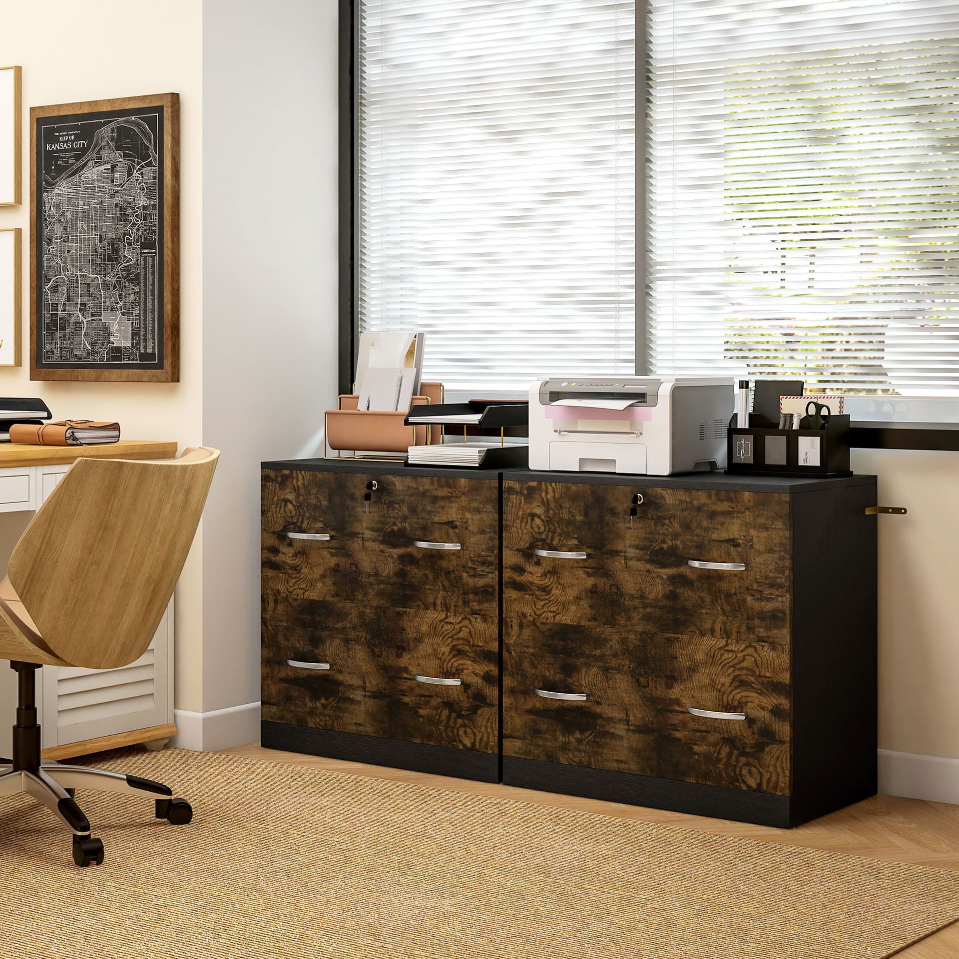 2 Drawer File Cabinet with Lock, Office Filing Cabinet, Hanging Bar for Letter Size, Home Office, Rustic Brown