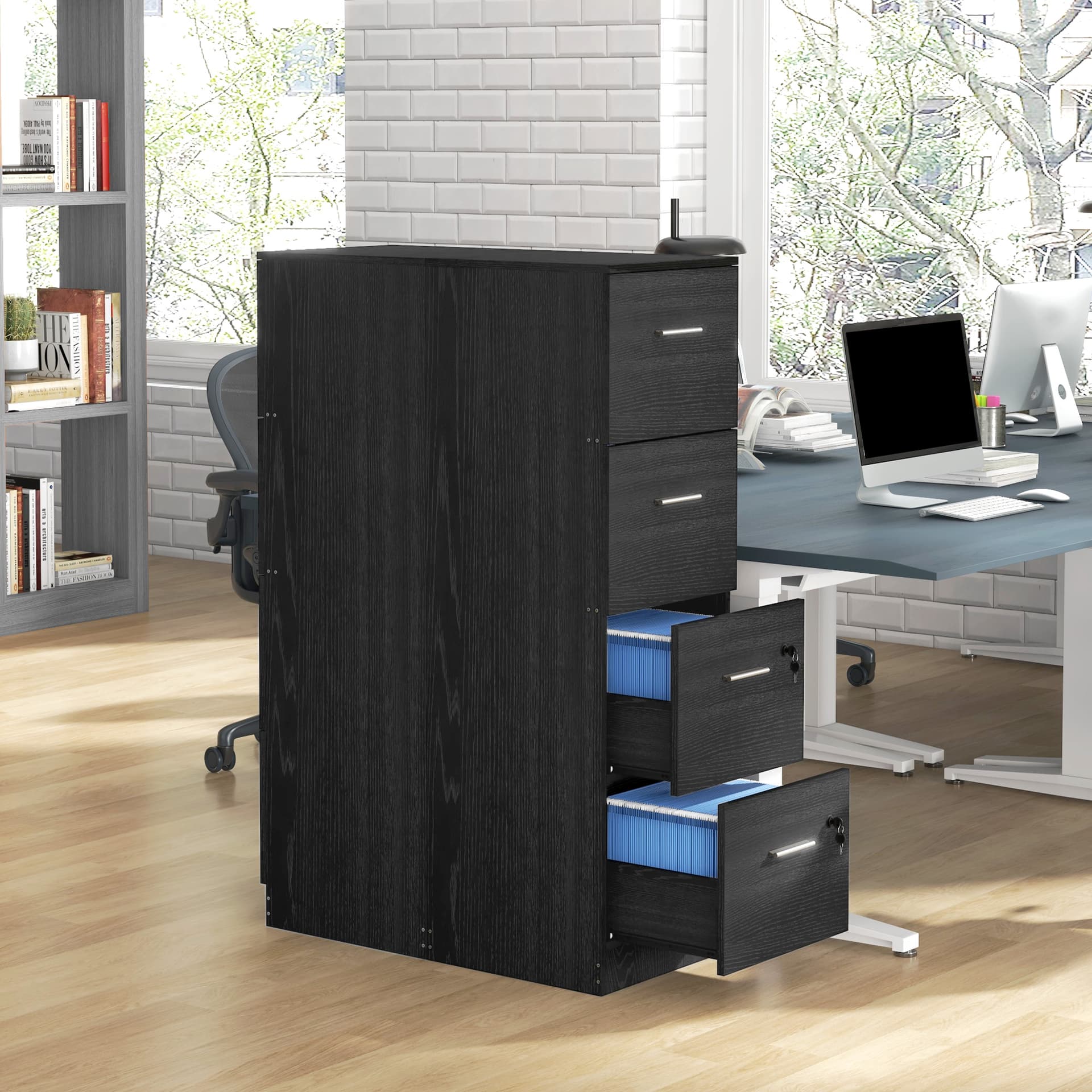 Vertical Filing Cabinet with Lock, 4 Drawer File Cabinet with Adjustable Hanging Bar for A4 and Letter Size, Black