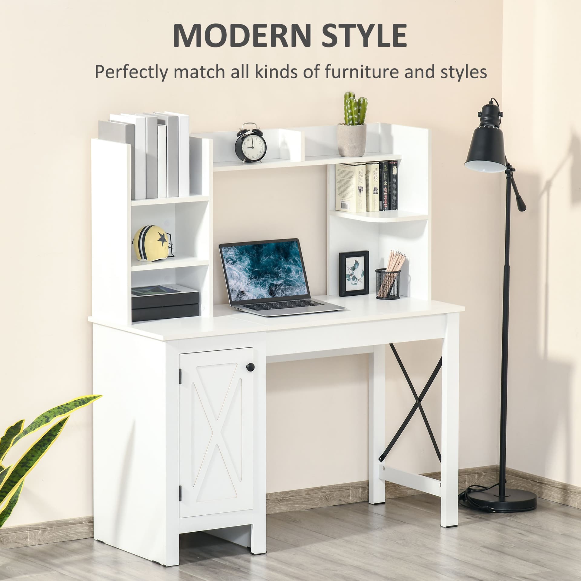 Computer Desk with Storage, 47 Inch Farmhouse Home Office Desk with Open Shelves and 2-Tier Cabinet, White