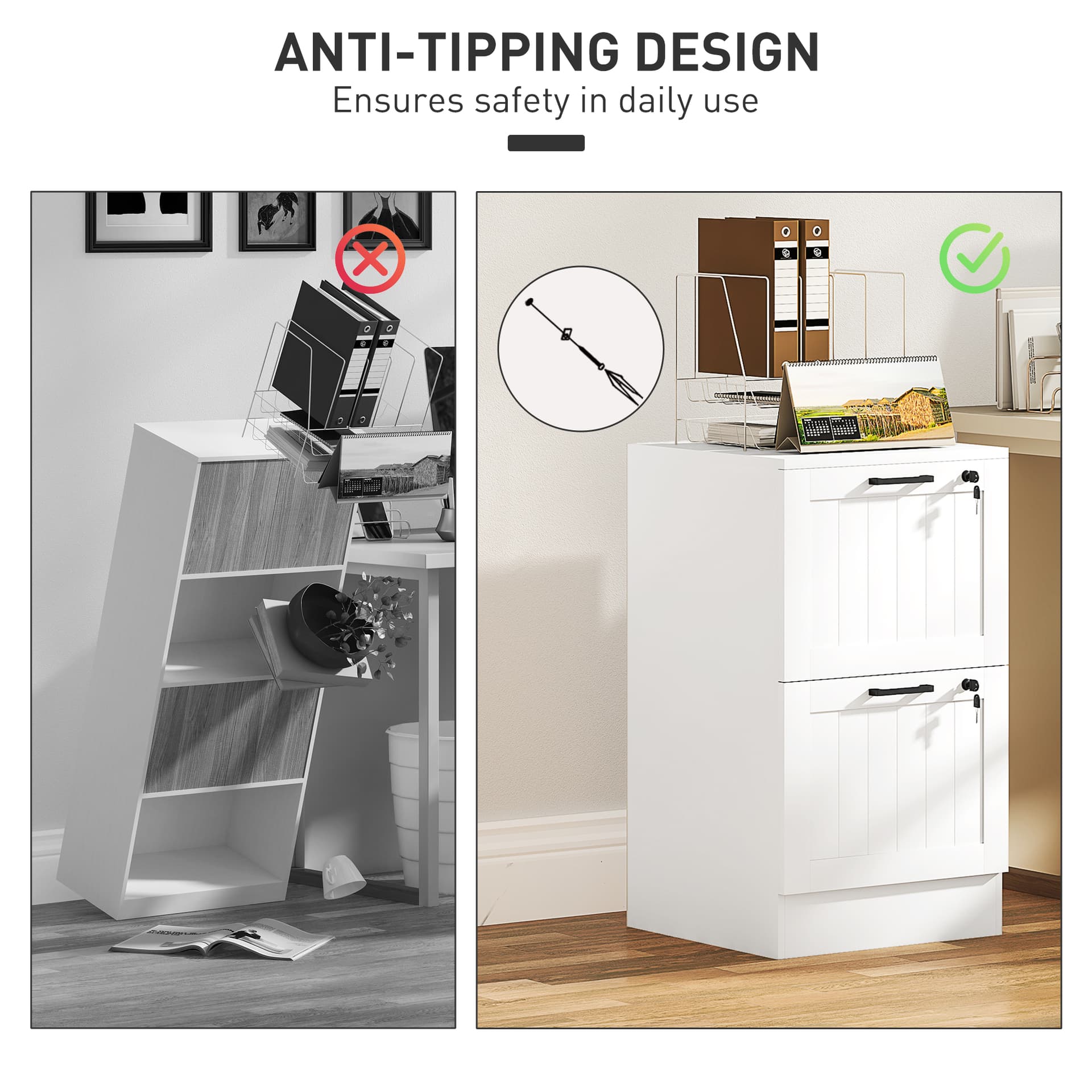 2 Drawer Filing Cabinet with Lock, Office Storage Cabinet with Adjustable Hanging Bars for A4 Letter Size Files, White