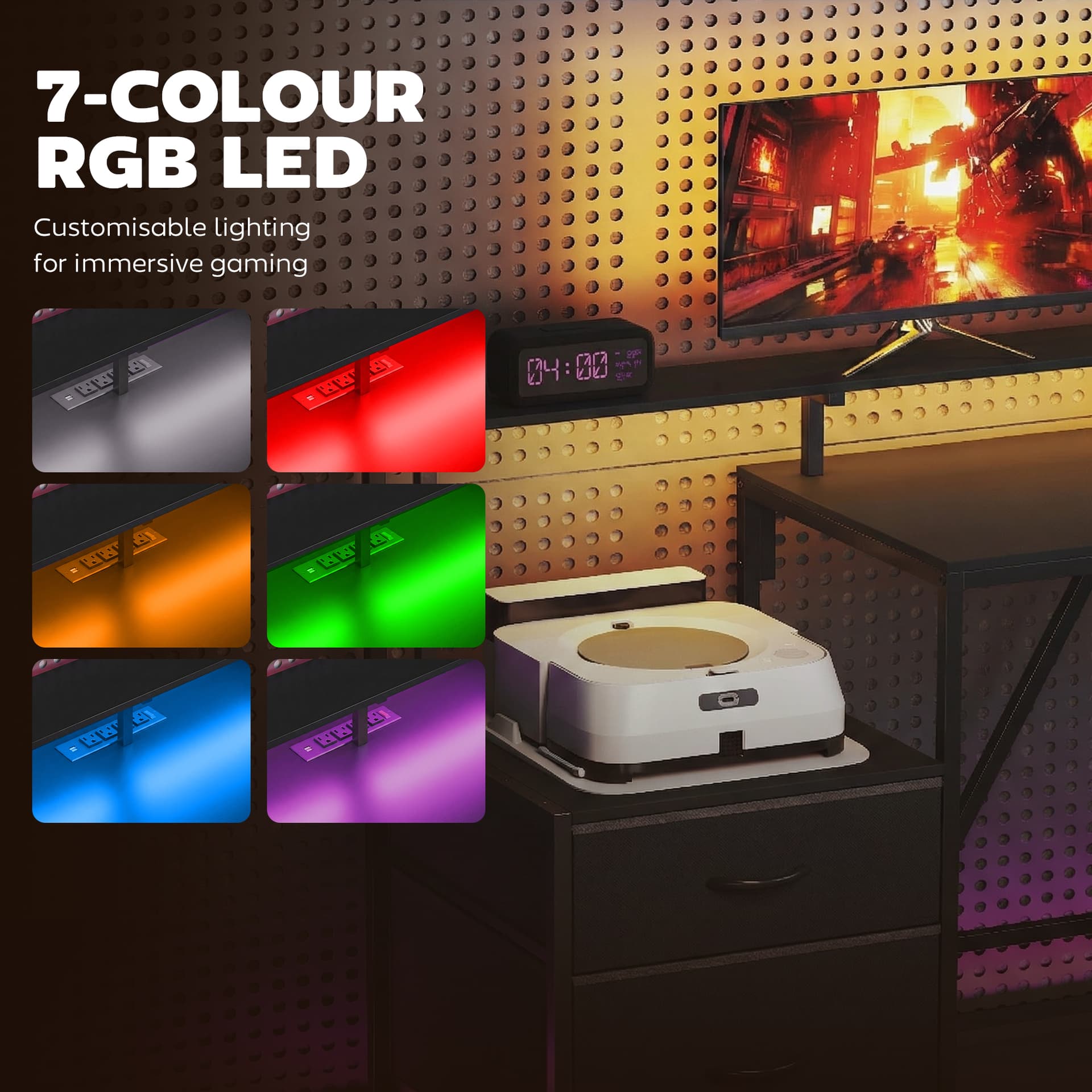 76" Gaming Desk, Reversible Computer Table with RGB Lights, USB Ports, Monitor Stand and 2 Fabric Drawers, Black