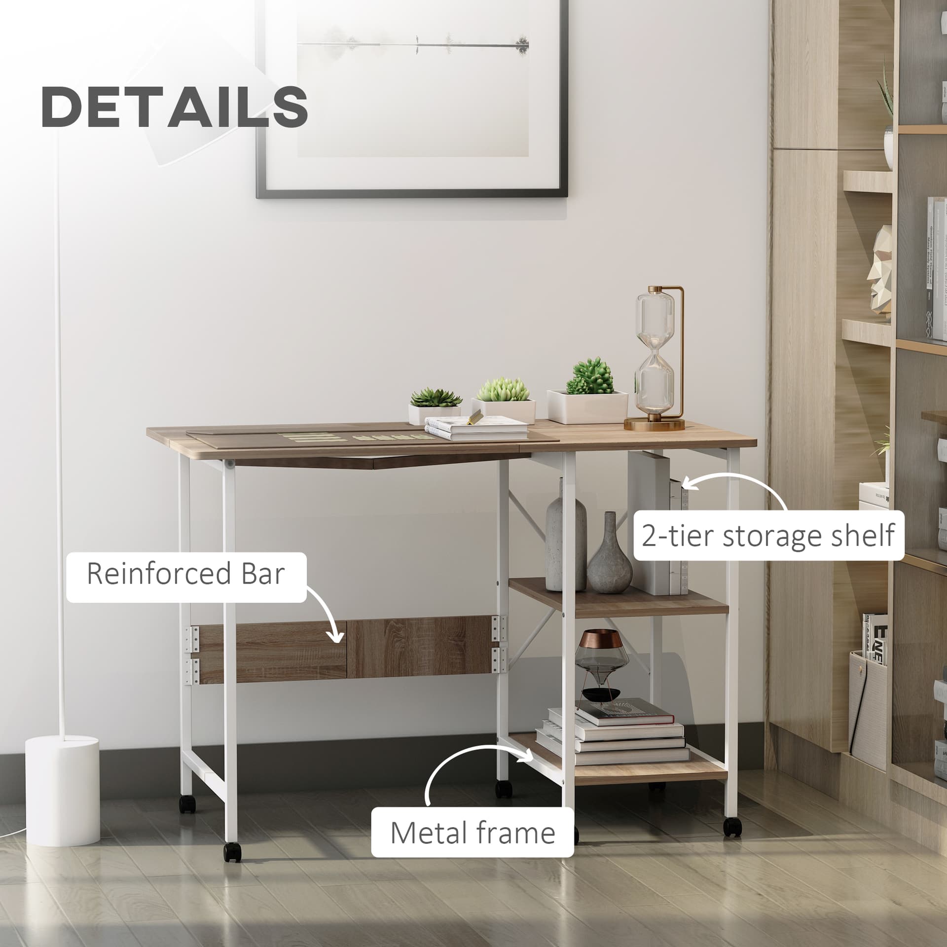 Folding Computer Desk with Storage Shelves, Study Writing Table Laptop Desk with 6 Wheels for Bedroom Home Office Workstation, Natural