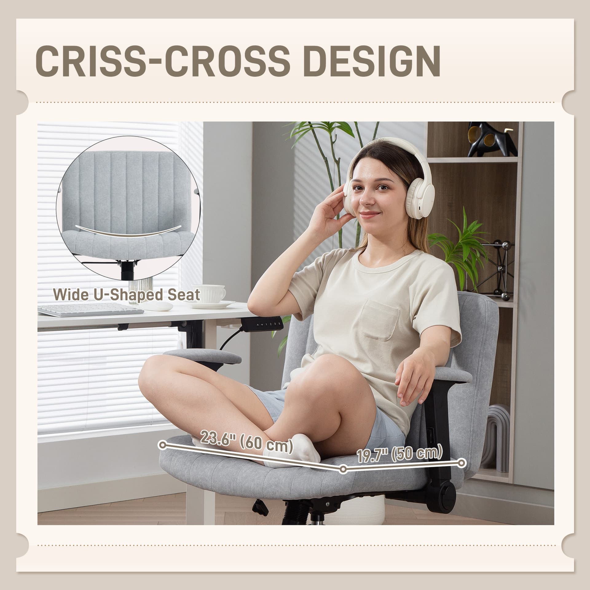 Criss Cross Chair with Flip-up Armrests, Wheels, Wide Office Chair with Adjustable Height, Tilting, Grey