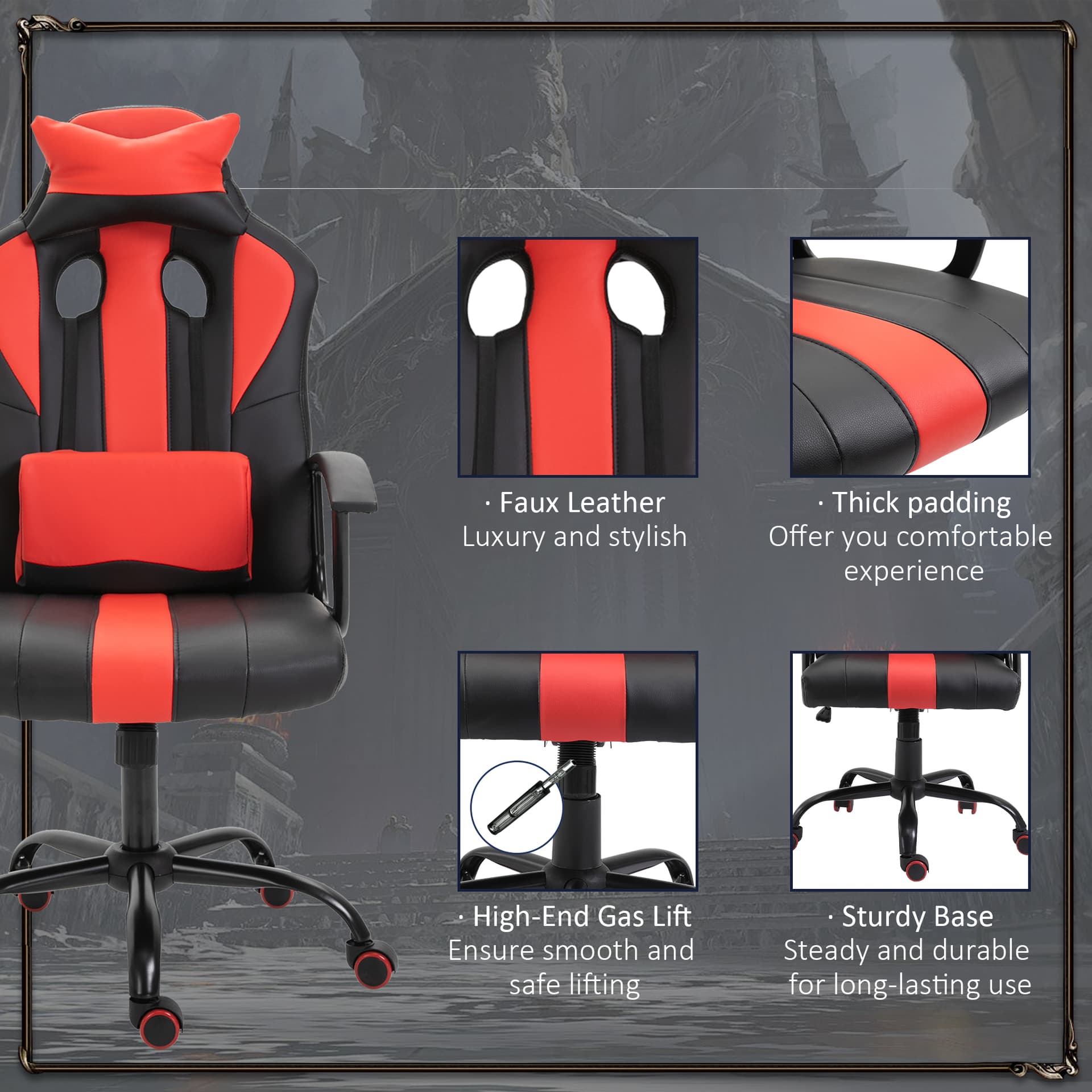 Office Chair High Back Racing Style Gaming Chair Adjustable PU Leather Swivel Computer Task Seat with Lumbar Support and Pillow Red