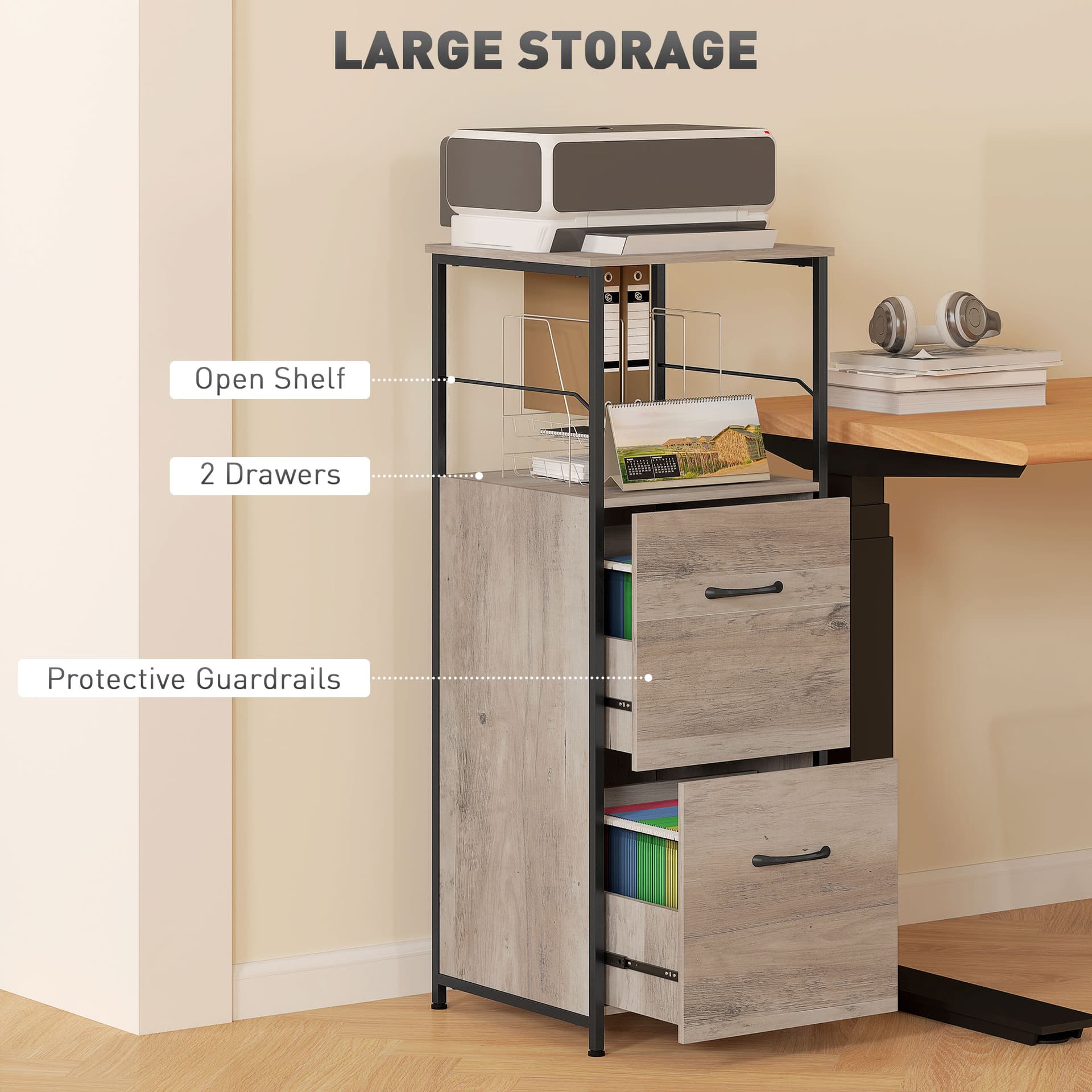 Vertical Filing Cabinet, Tall File Cabinet with 2 Drawers, Hanging Bars for Letter and A4 Size, Distressed Grey