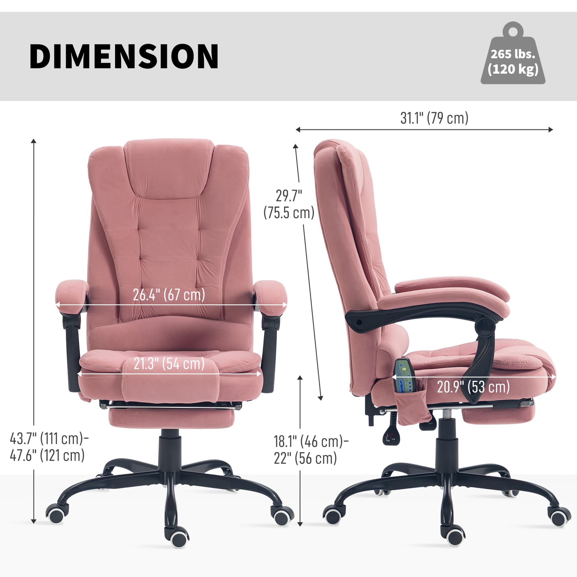 7-Point Vibrating Massage Chair, Reclining Office Chair with Footrest, Reclining Back, Adjustable Height, Pink