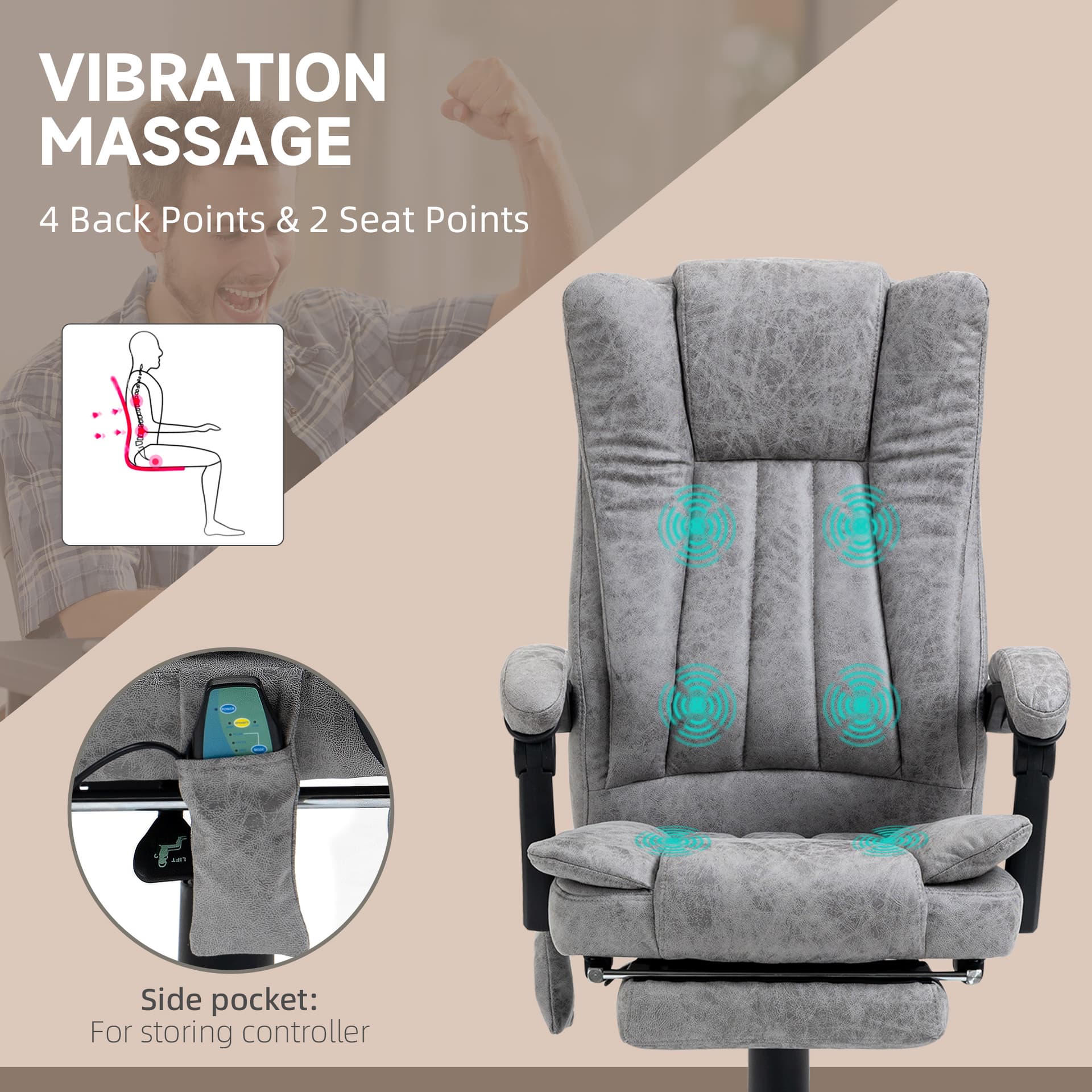 Office Chair 6-point Vibration Massage Chair Micro Fiber Recliner with Retractable Footrest Grey