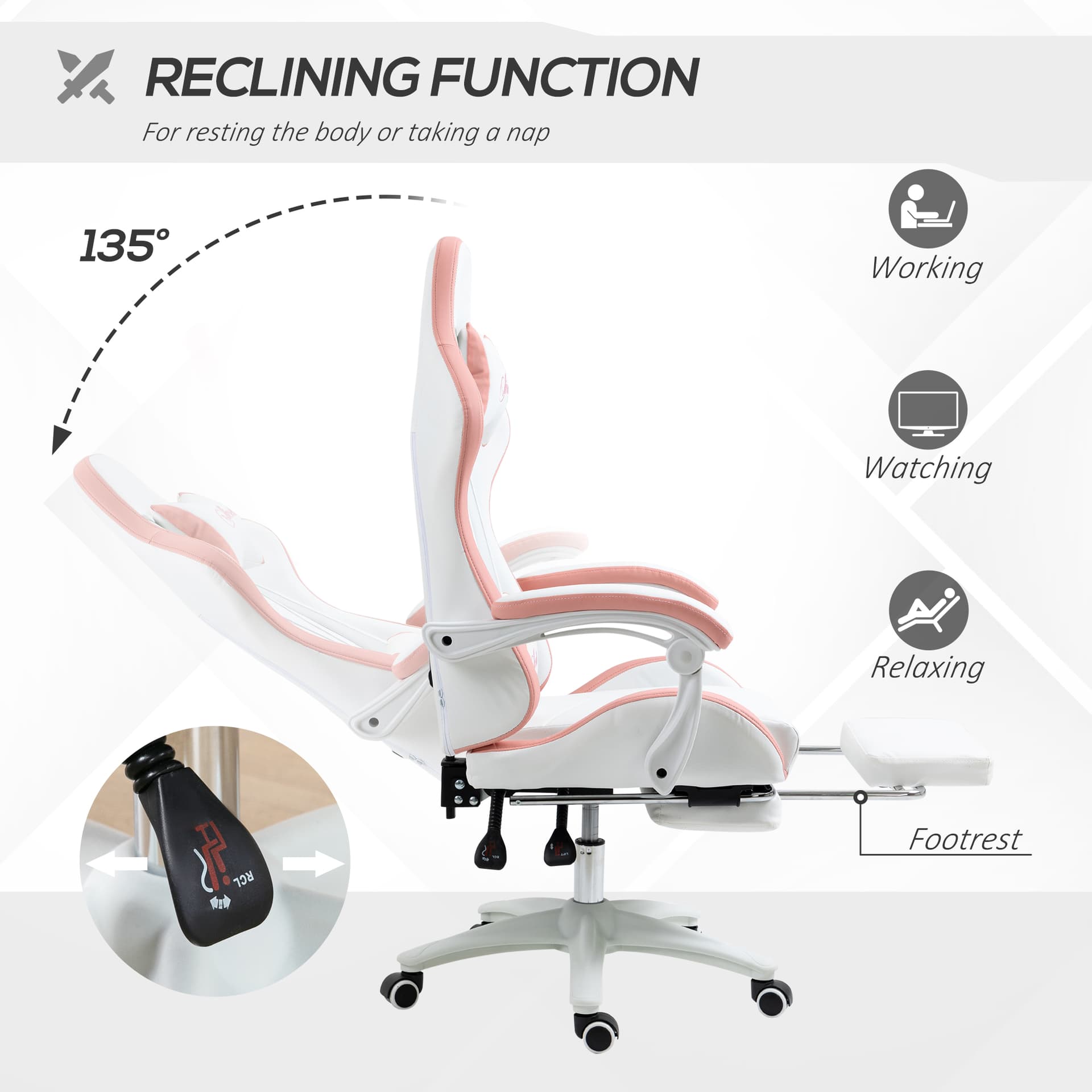 Computer Gaming Chair, PU Leather Office Desk Chair with Footrest, Swivel Wheels, 135° Reclining Back, White