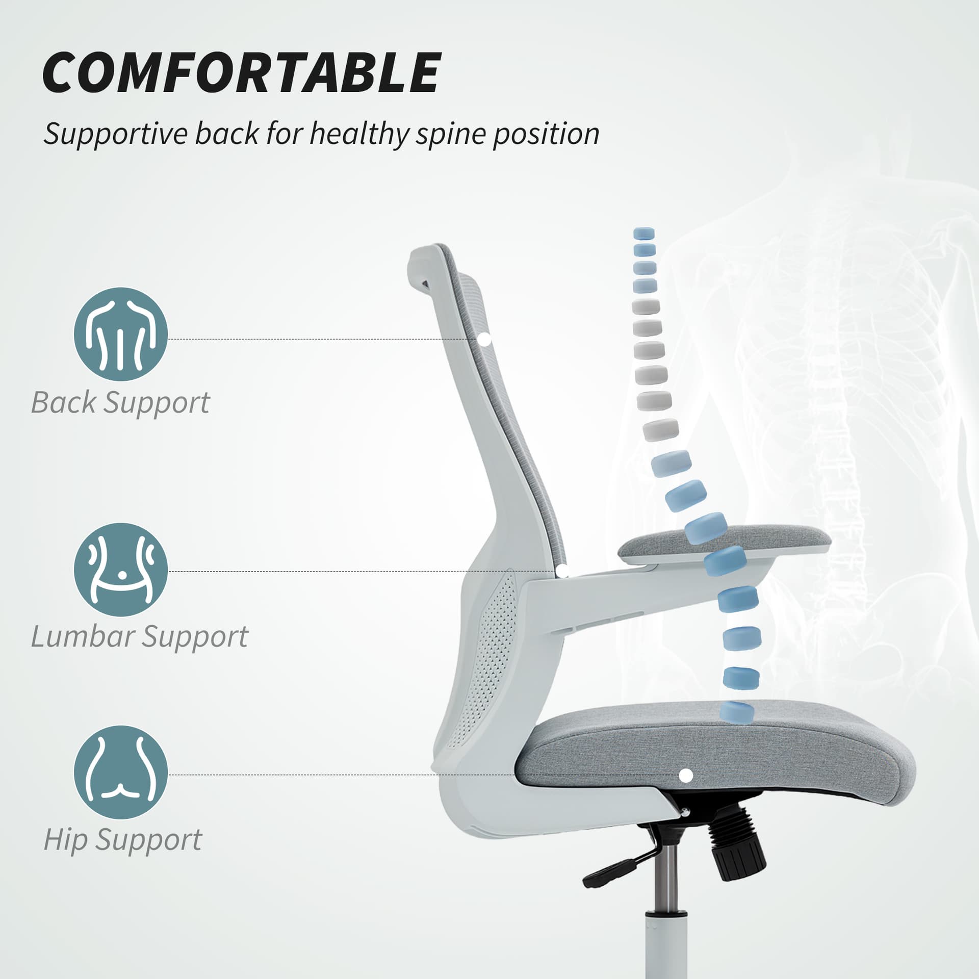 Ergonomic Office Chair, Swivel Desk Chair with Adjustable Lumbar Support and Height, Flip-up Armrests, Wheels, Grey