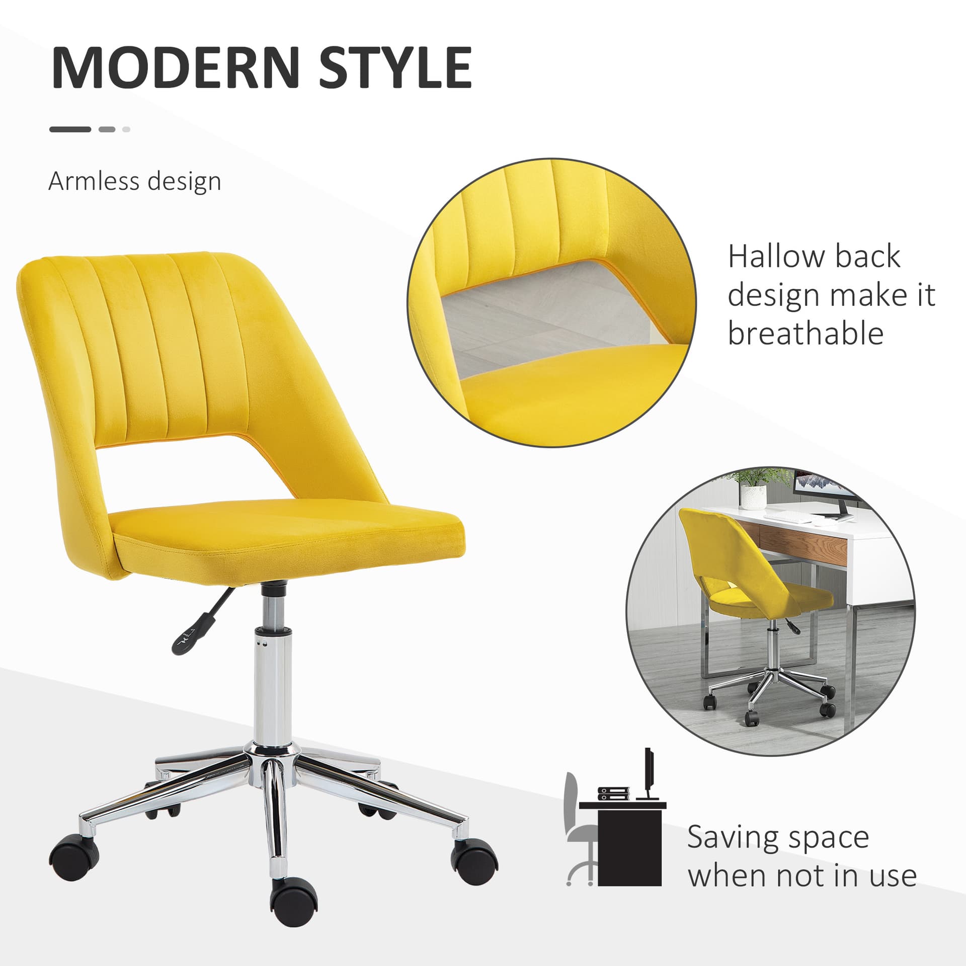 Mid Back Office Chair Velvet Fabric Swivel Scallop Shape Computer Desk Chair, Yellow