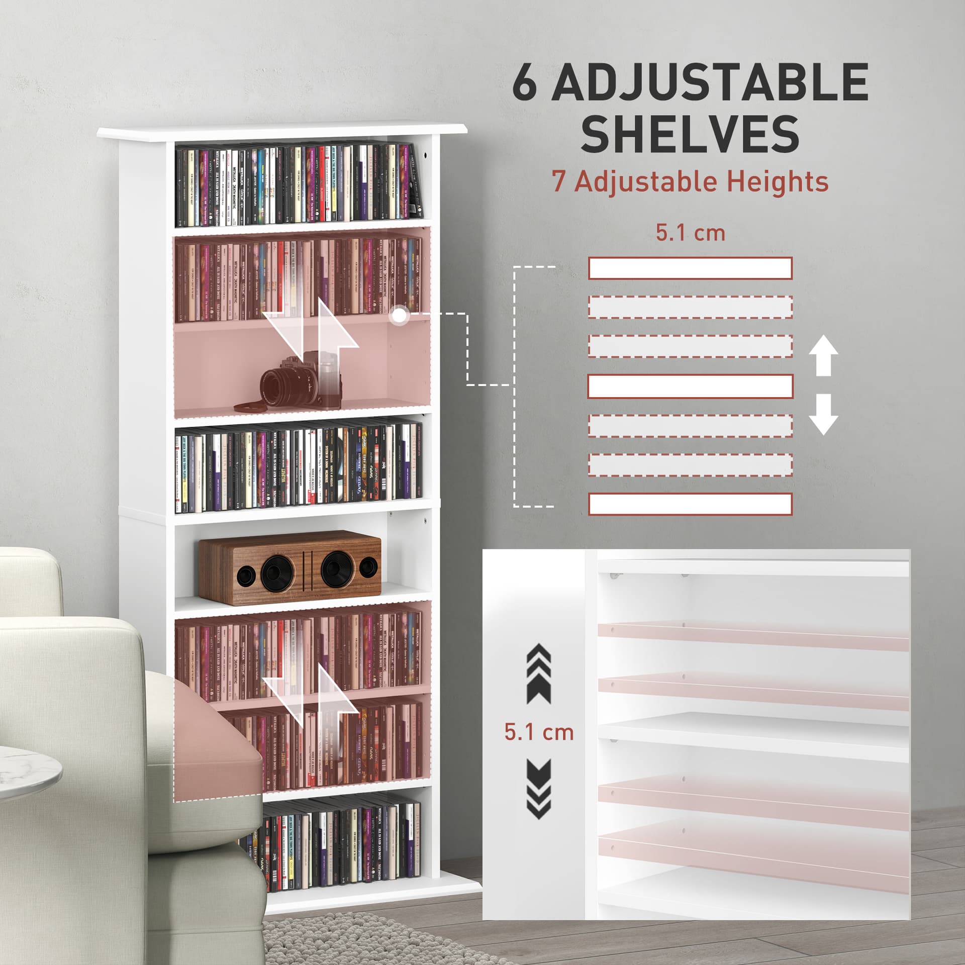 8-Tier DVD Shelf with 6 Adjustable Shelves, Slim CD Shelf, Holds 360 CDs, 185 DVDs or 185 Blu-rays, White