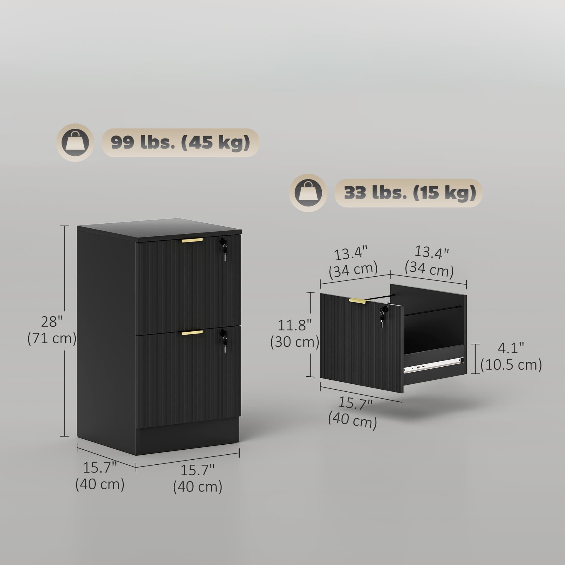 Lockable Filing Cabinet with 2 Fluted Drawers, File Cabinet with Adjustable Hanging Rails for A4 Letter Files, Black