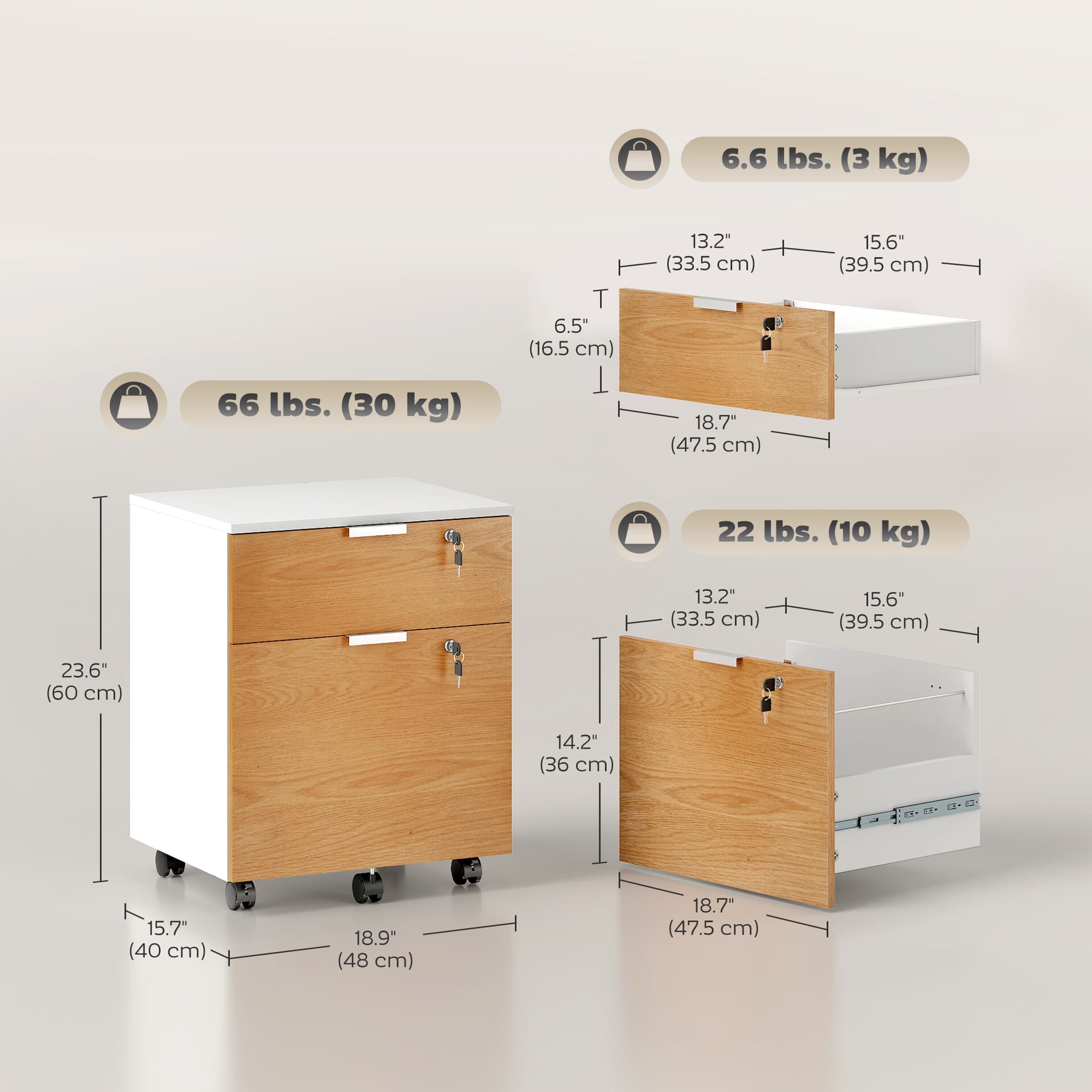 2 Drawer Small Filing Cabinet Lockable Office Storage Cabinet with Hanging Bars for A4 Legal Letter White Nature Wood