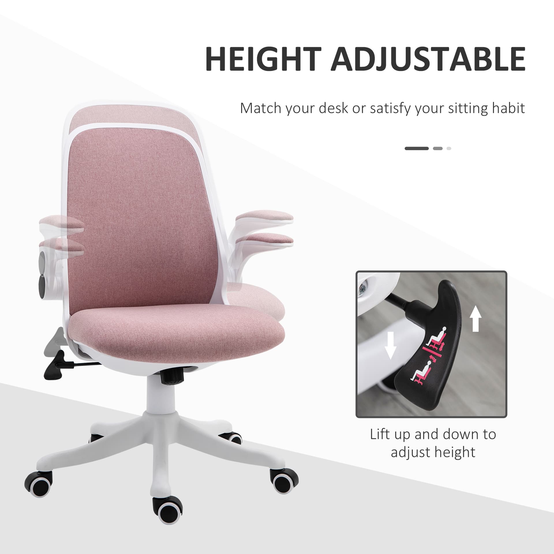 360° Swivel Office Chair Task Chair, Breathable Fabric Computer Chair with Flip-up Arms and Adjustable Height, Pink