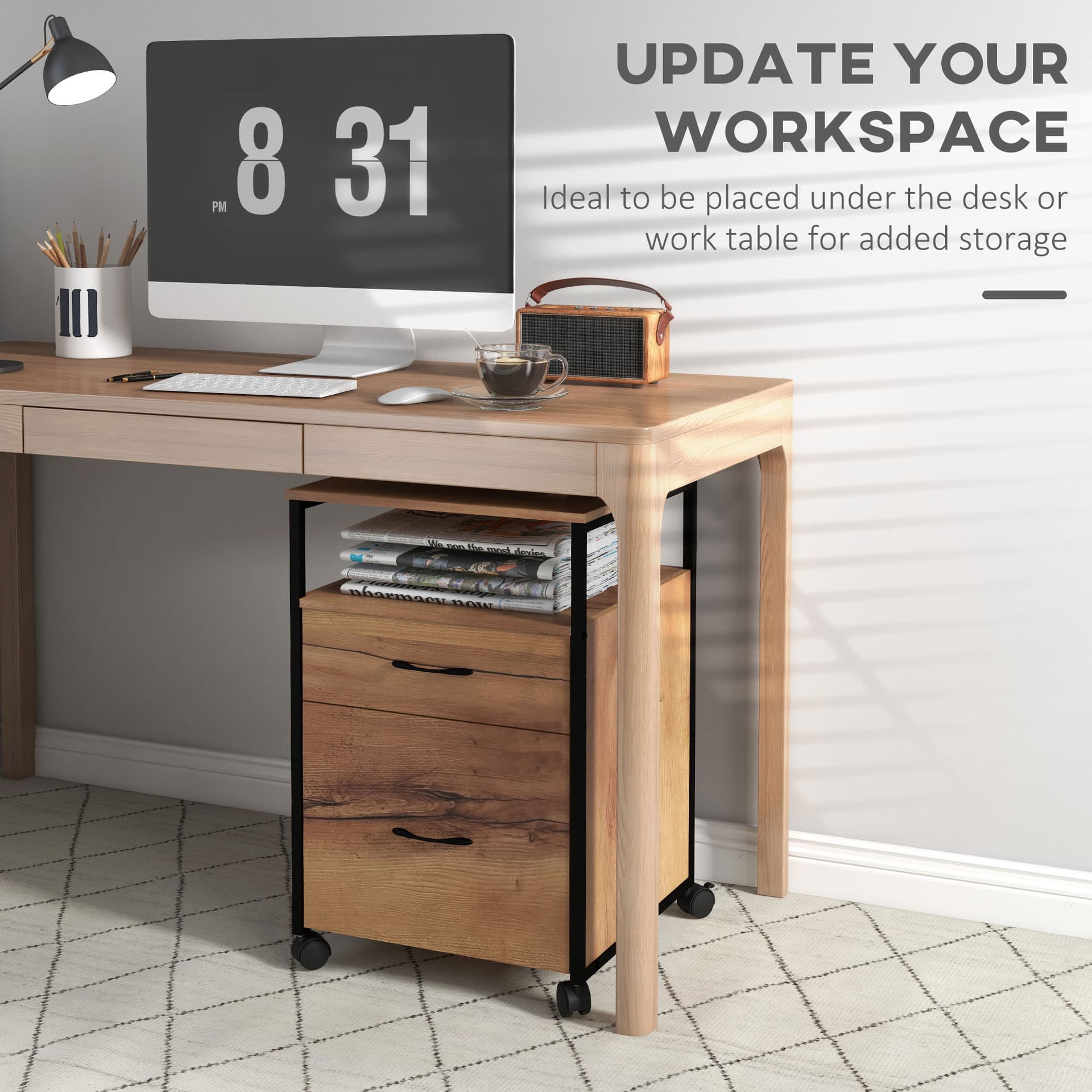 Vertical Filing Cabinet with Wheels, 26.2" Tall File Cabinet with 2 Drawers, Open Shelf, Hanging Bars for Letter and A4, Industrial Home Office Printer Stand, Rustic Brown