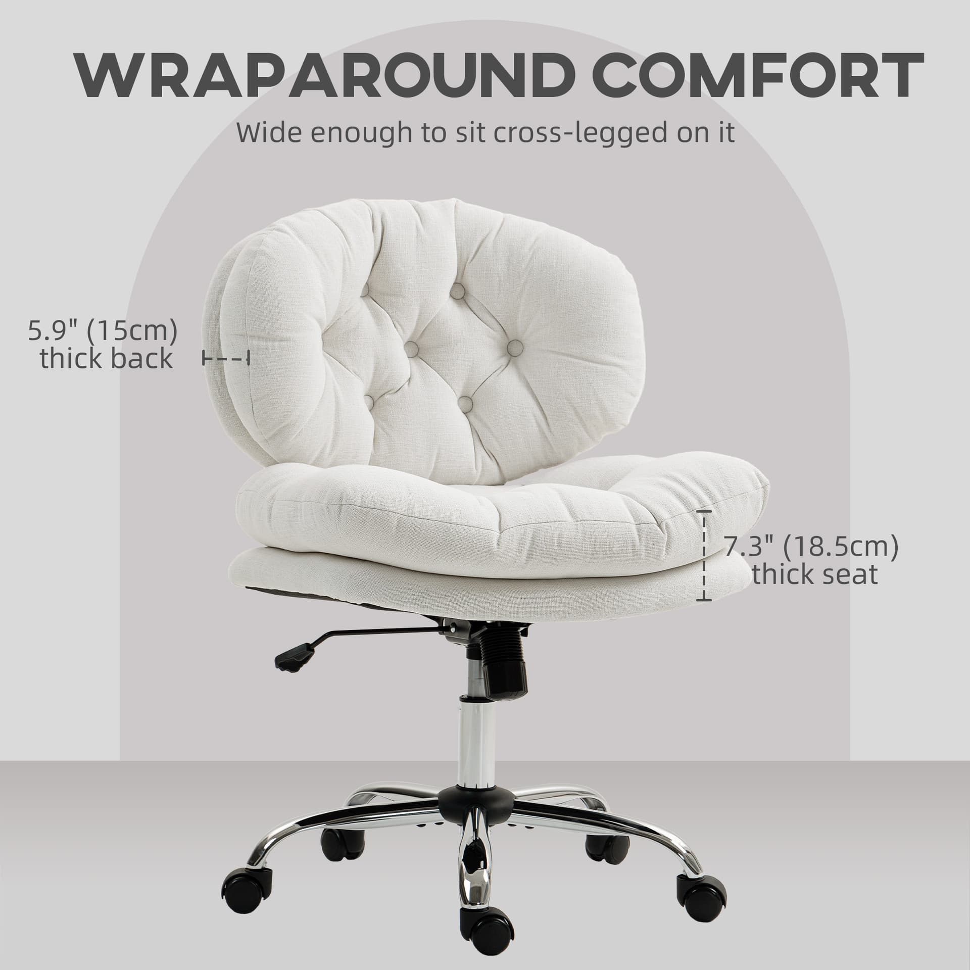 Computer Desk Chair, Armless Office Chair with Wide Padded Seat and Adjustable Height, Cream White