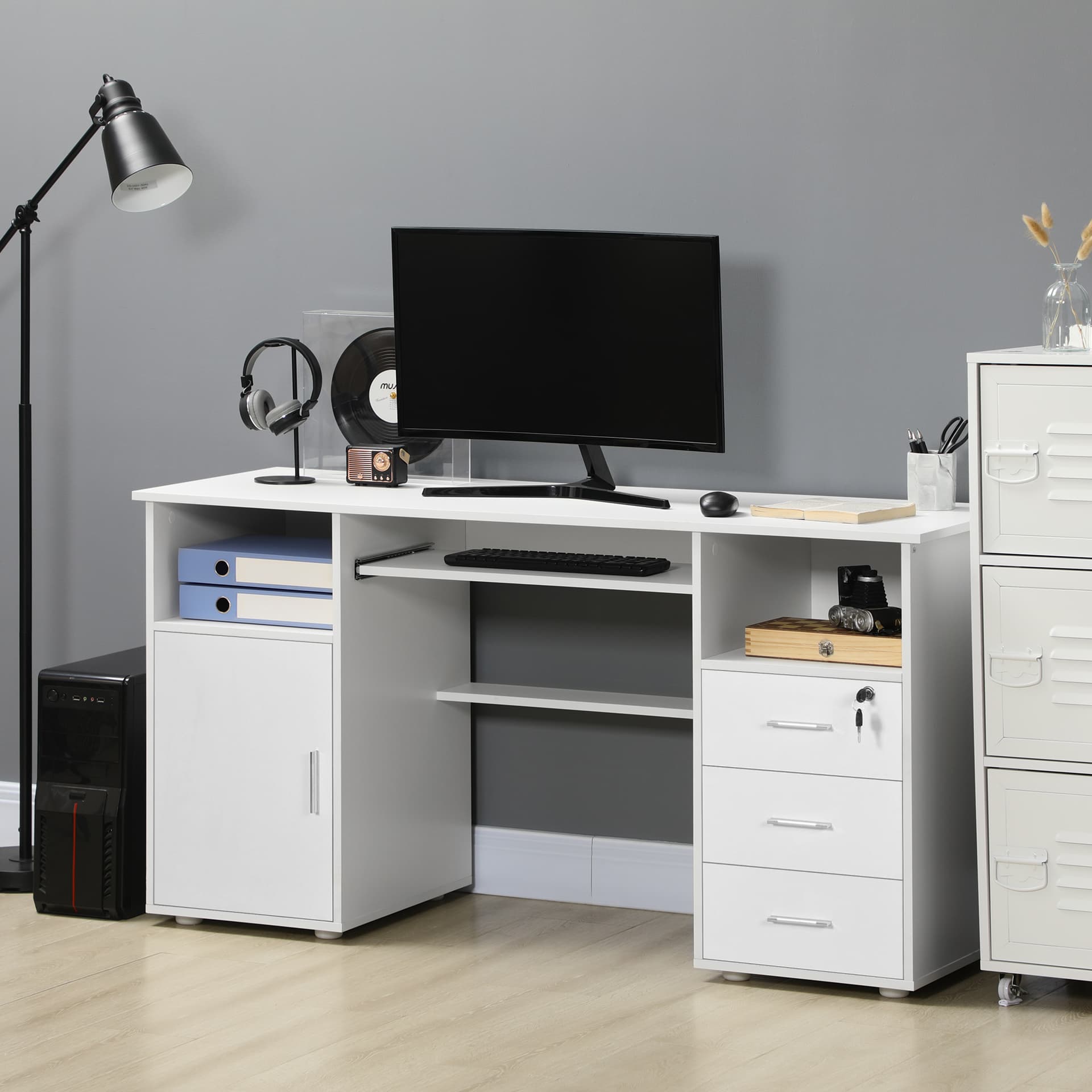 Computer Desk with Keyboard Tray and Drawers, Writing Desk, Home Office Workstation, White