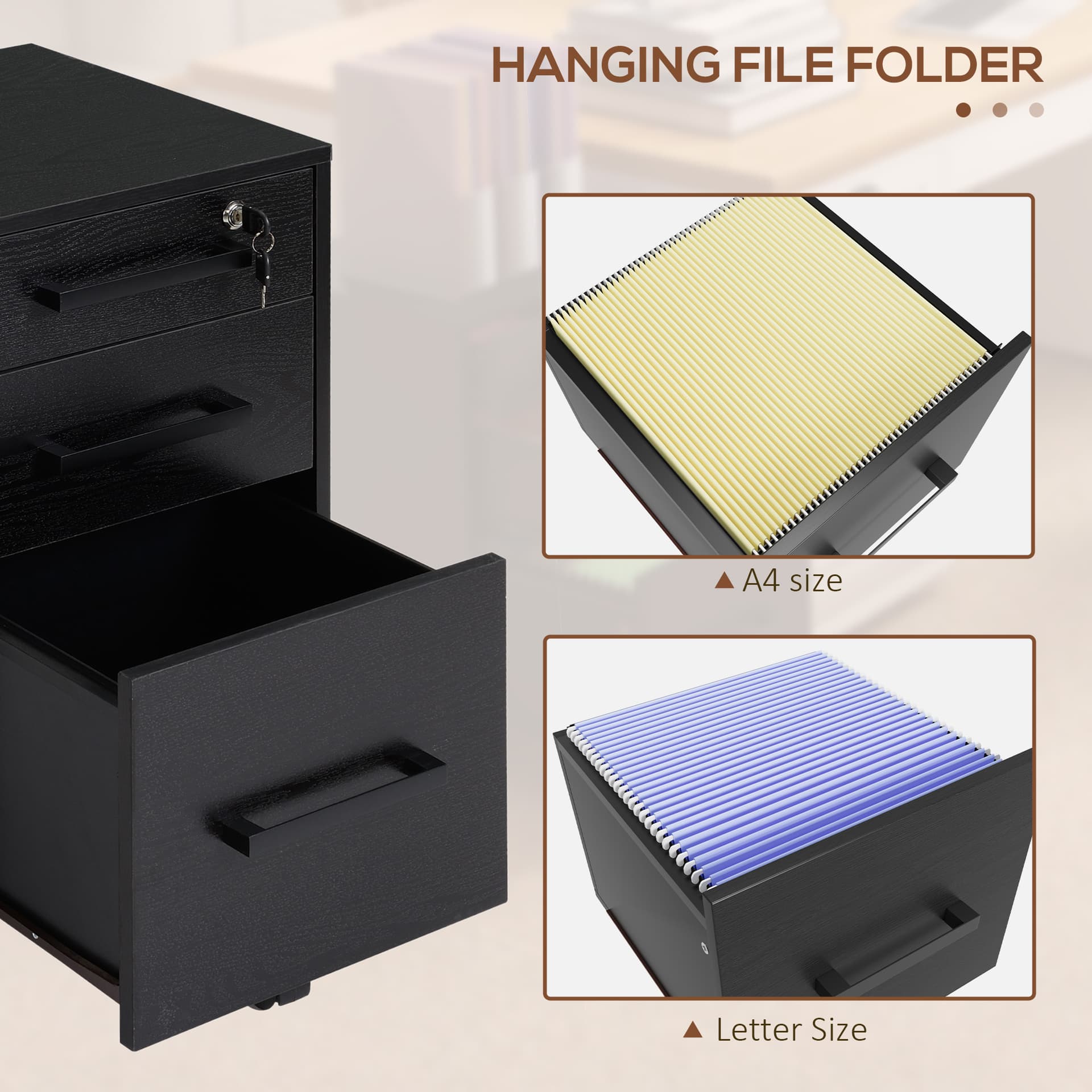 Lockable Vertical File Cabinet with Lock, 3 Drawer Filing Cabinet with Hanging Bars for Letter and A4 Size, Black