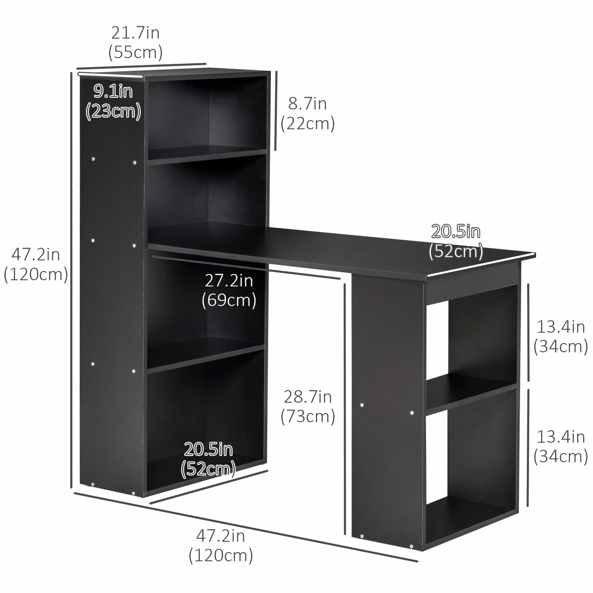 Modern Computer Desk with Storage Shelves, 47" Writing Table Workstation with Bookshelf for Home Office, Black