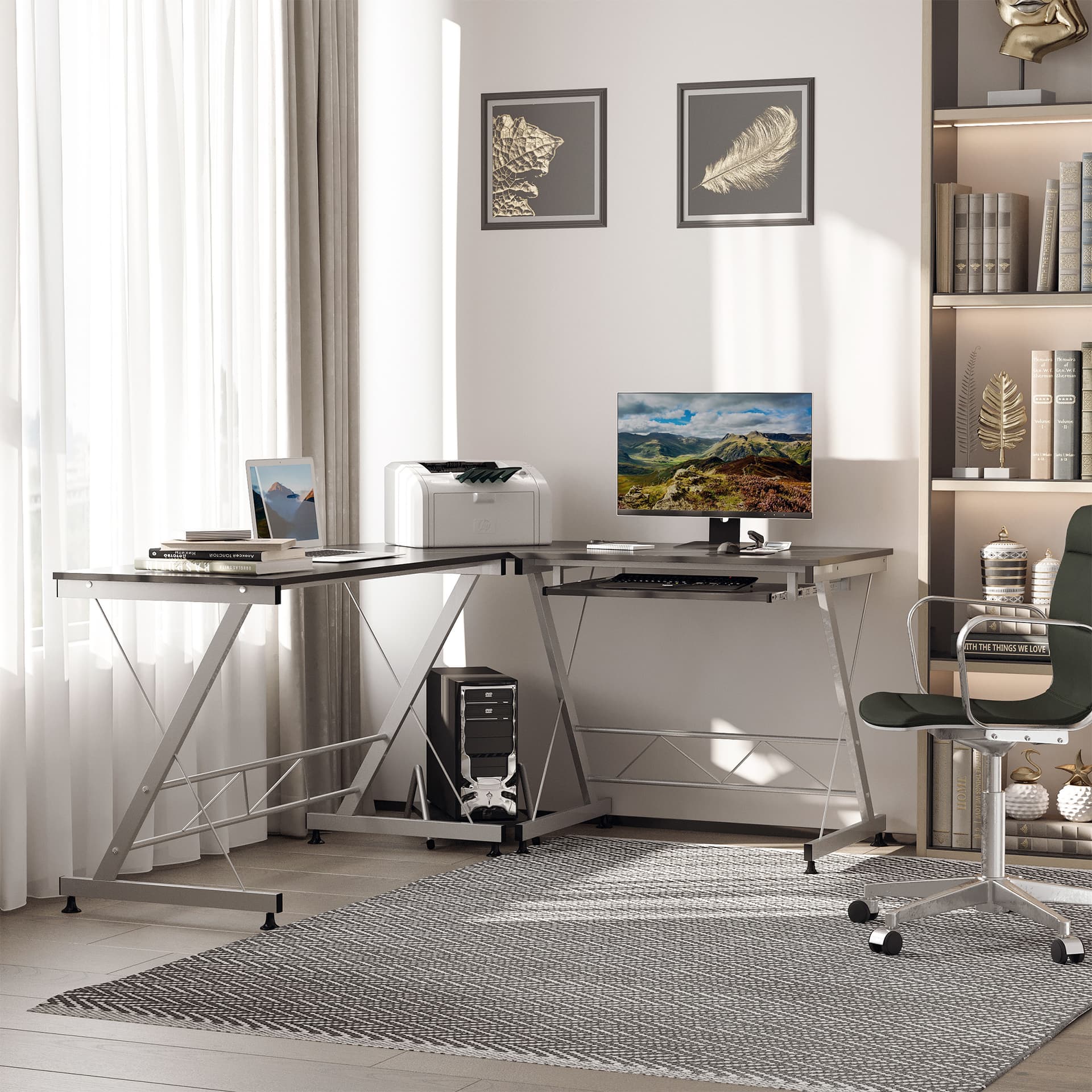 L-Shaped Computer Desk, Corner Table with Keyboard Tray for PC Laptop Desktop, Workstation Stand Home Office Furniture