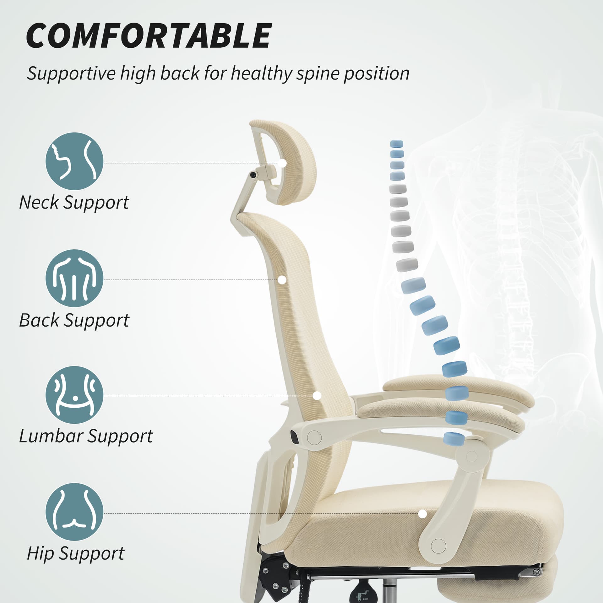 Ergonomic Office Chair, Mesh Reclining Desk Chair with Adjustable Lumbar Support, Headrest, Beige